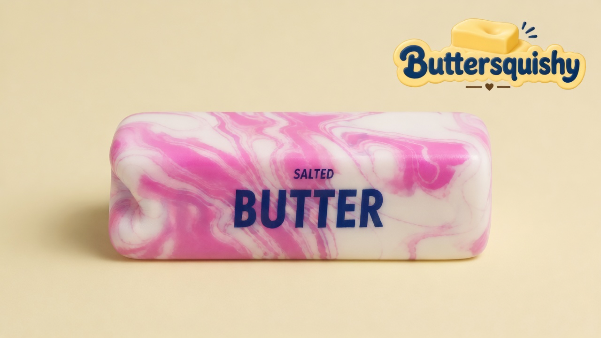 Pink Marble Butter, a pink-and-white marble stick printed SALTED BUTTER, on a cream studio background with the Buttersquishy logo in the upper right