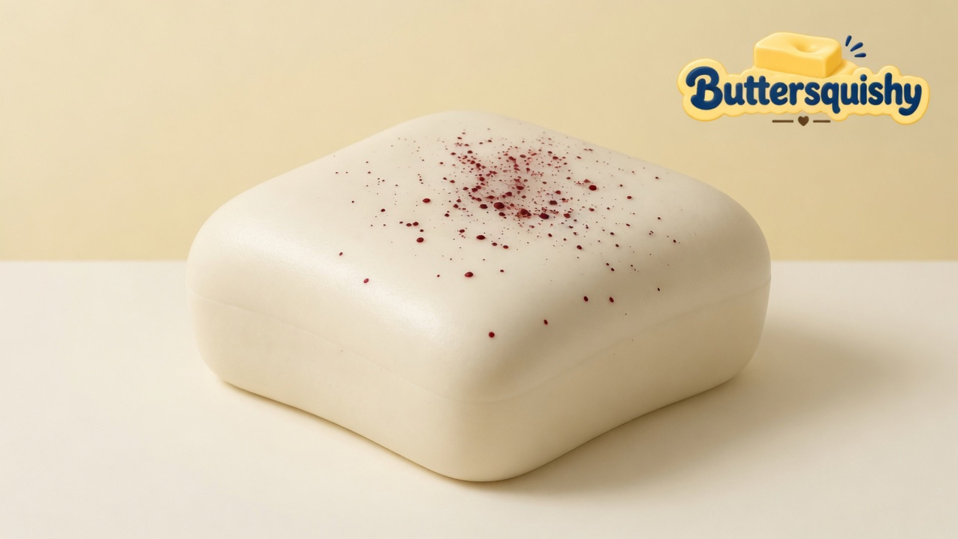 One cream square Bread Toast Loaf with dark-red crumb dots on a light-yellow cream studio table, Buttersquishy logo at upper right