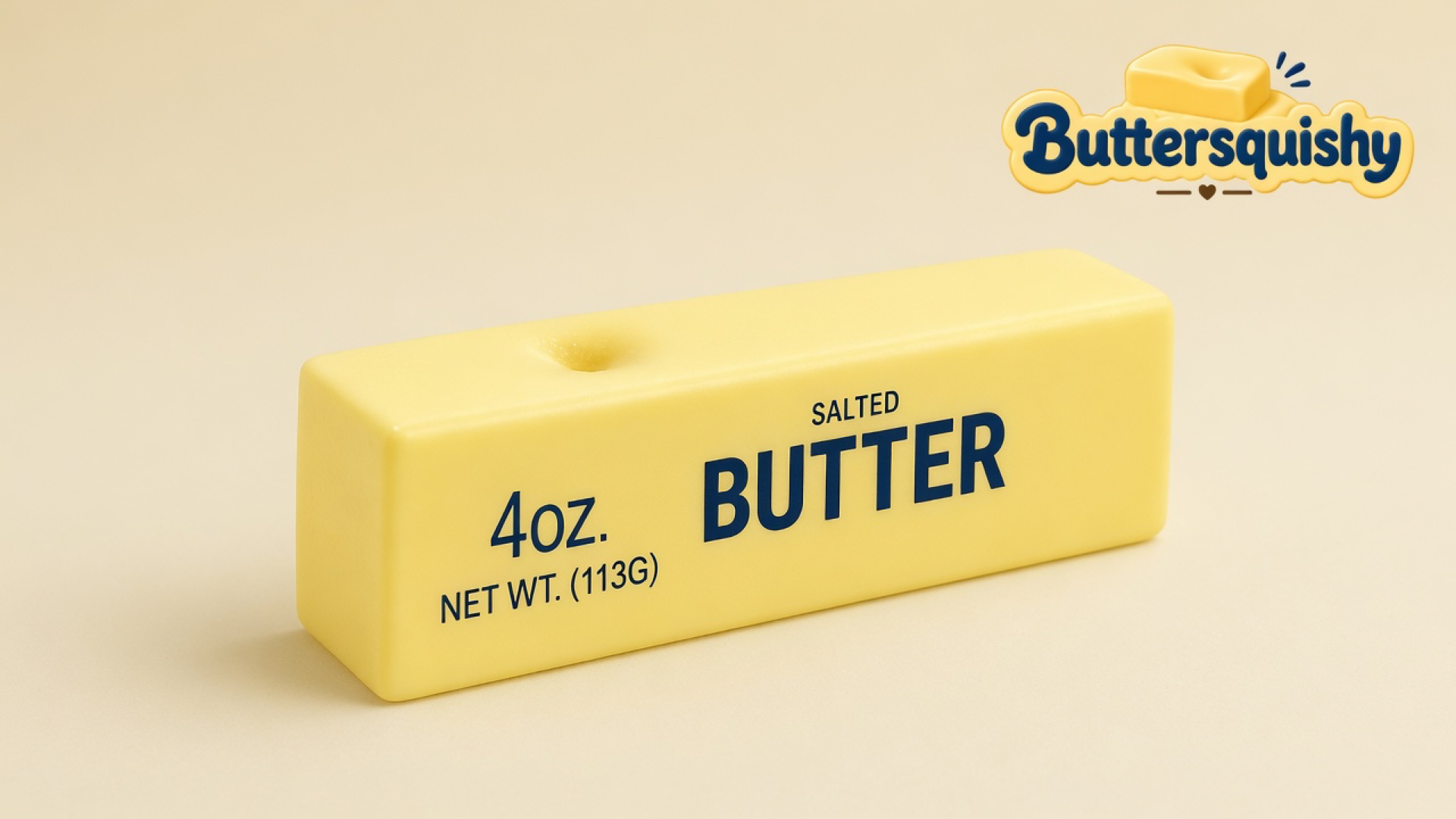 Pale yellow Classic Gift Butter stick printed 4OZ. SALTED BUTTER on a light-yellow cream studio, Buttersquishy logo in the upper right