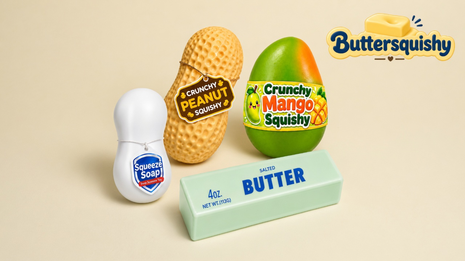 Mint butter loaf, ridged peanut, mango egg, and white squeeze-soap toy on a cream studio, Buttersquishy logo upper right