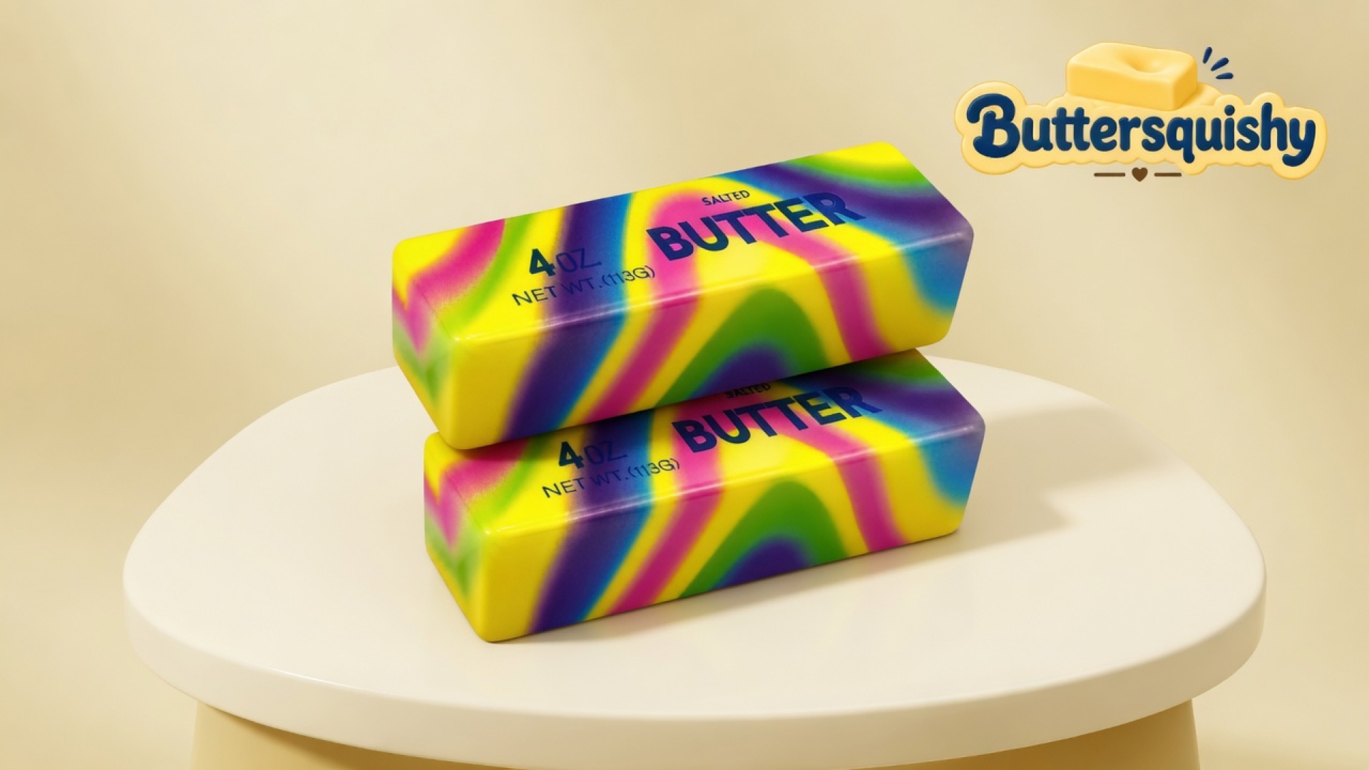 Two neon-marble butter sticks printed SALTED BUTTER on a light-yellow cream studio table, Buttersquishy logo at upper right