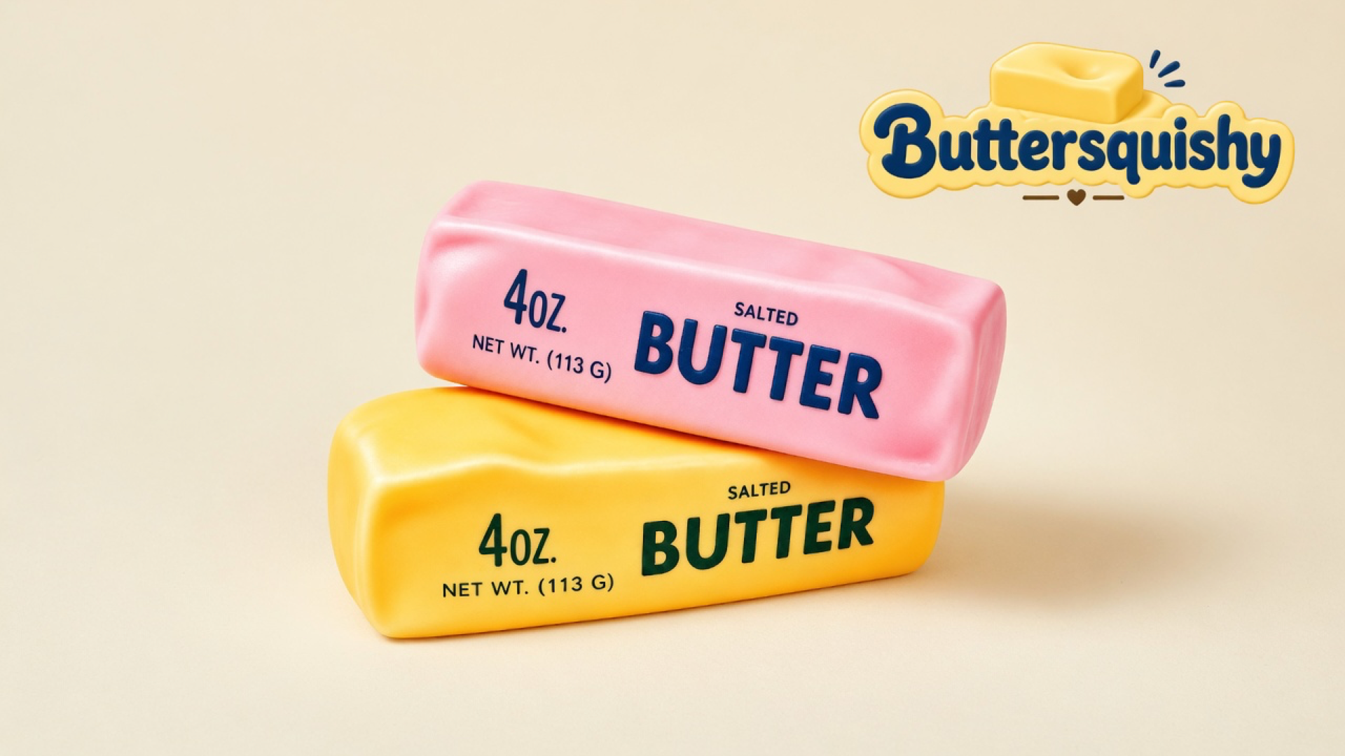 Pink and yellow-orange Pink Orange Crunch Butter sticks printed SALTED BUTTER, stacked on a cream studio background with the Buttersquishy logo in the upper right