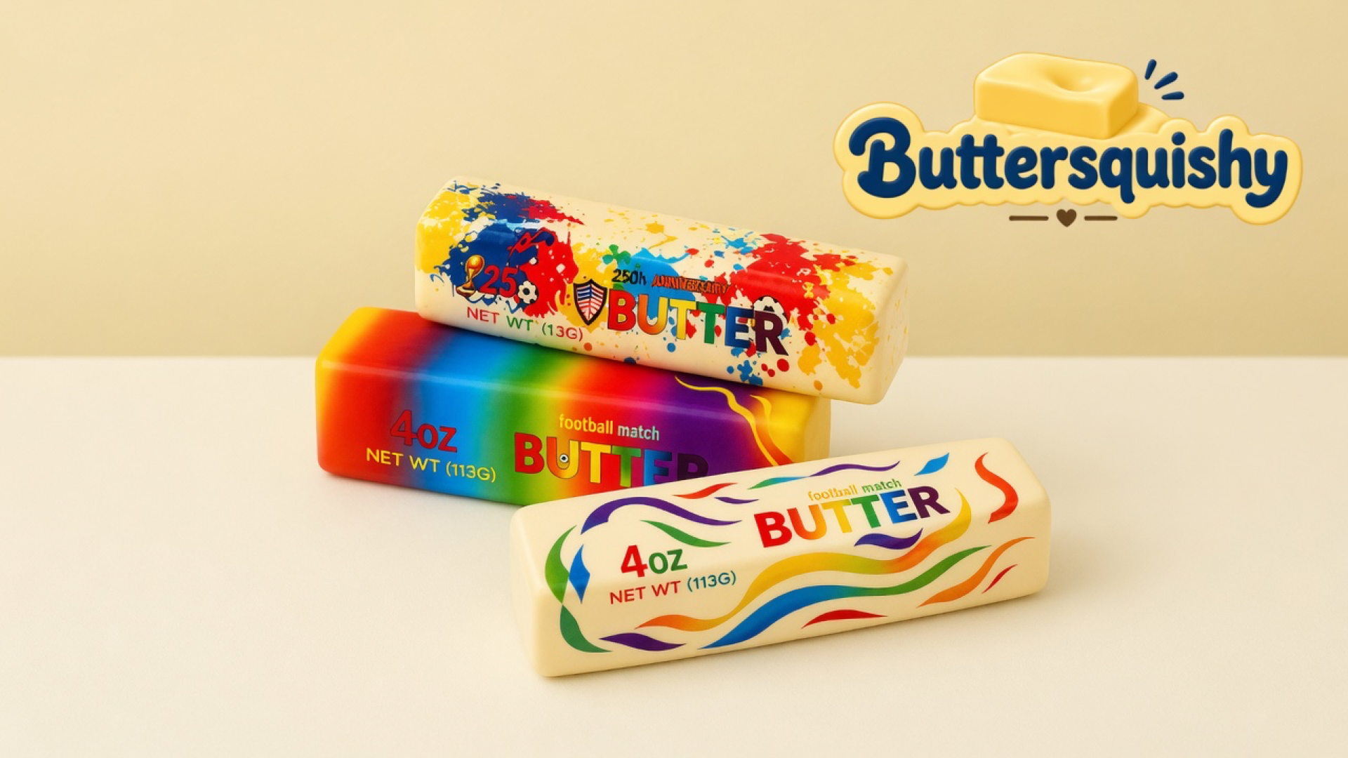 Three Splash Marble Butter loaves — cream paint-splash, rainbow gradient, and cream ribbon waves — on a light-yellow cream studio table, Buttersquishy logo at upper right