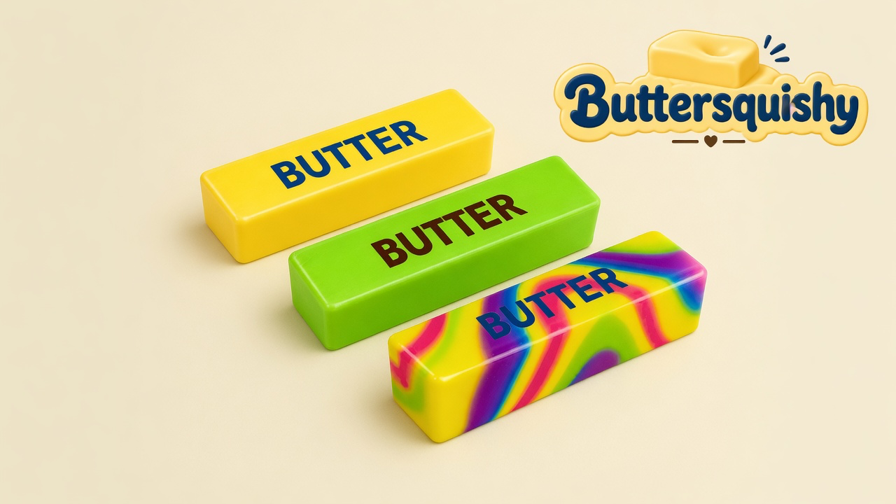 Yellow, lime-green, and rainbow-swirl butter sticks printed BUTTER on a light-yellow cream studio surface, Buttersquishy logo at upper right