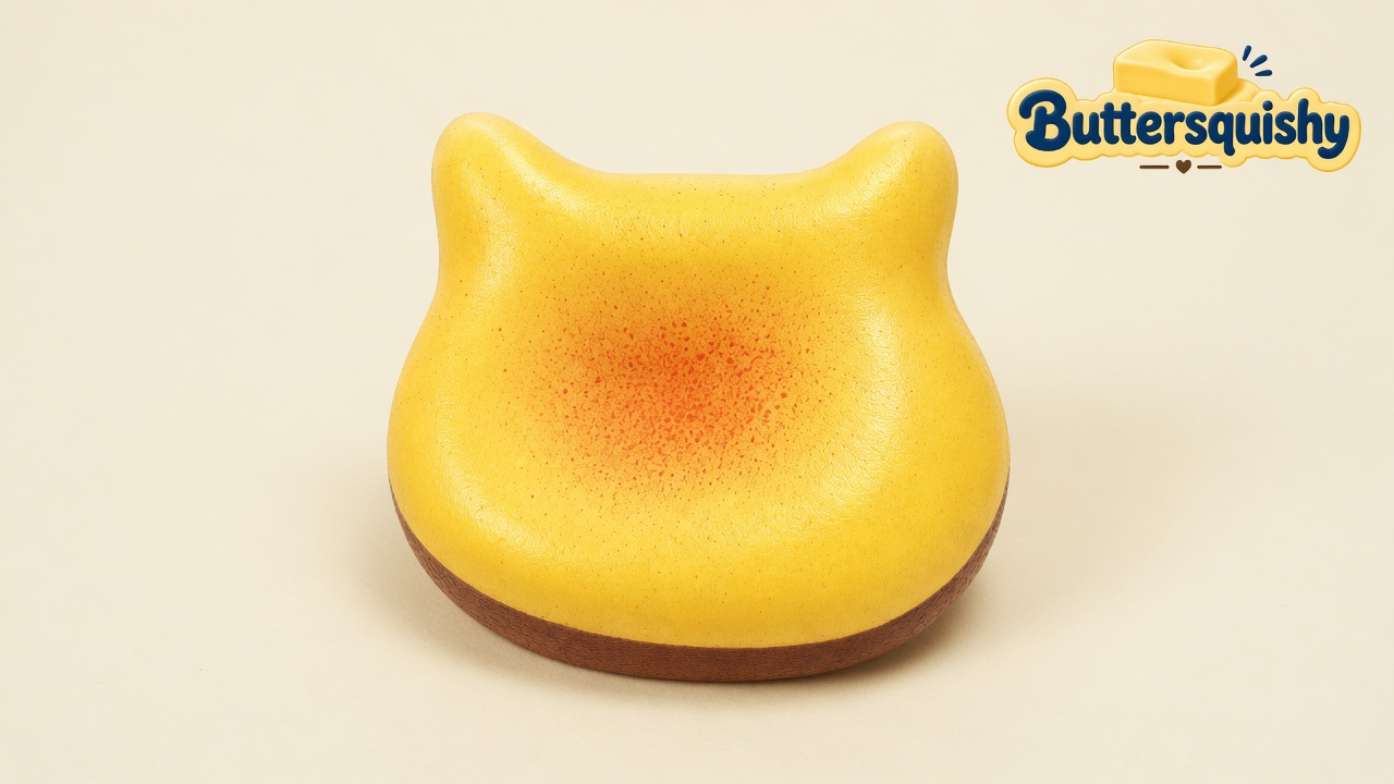 Yellow cat-ear Bread Toast Loaf with an orange toasted blush and a brown crust ring on a light-yellow cream studio, Buttersquishy logo in the upper right