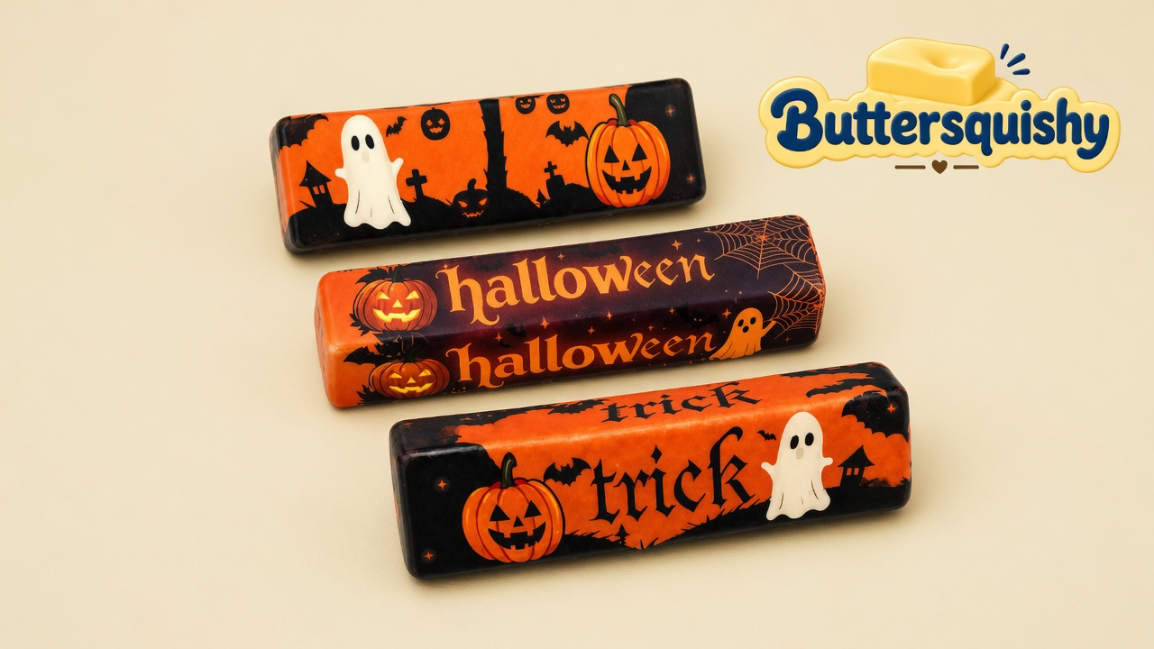 Three Halloween Ghost Butter sticks with graveyard, halloween, and trick prints on a cream studio, Buttersquishy logo in the upper right