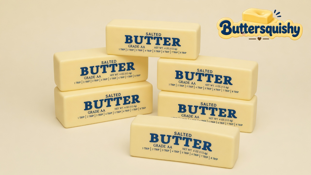 Six pale-yellow Jumbo Butter Loaf sticks printed SALTED BUTTER on a light-yellow cream studio, Buttersquishy logo in the upper right