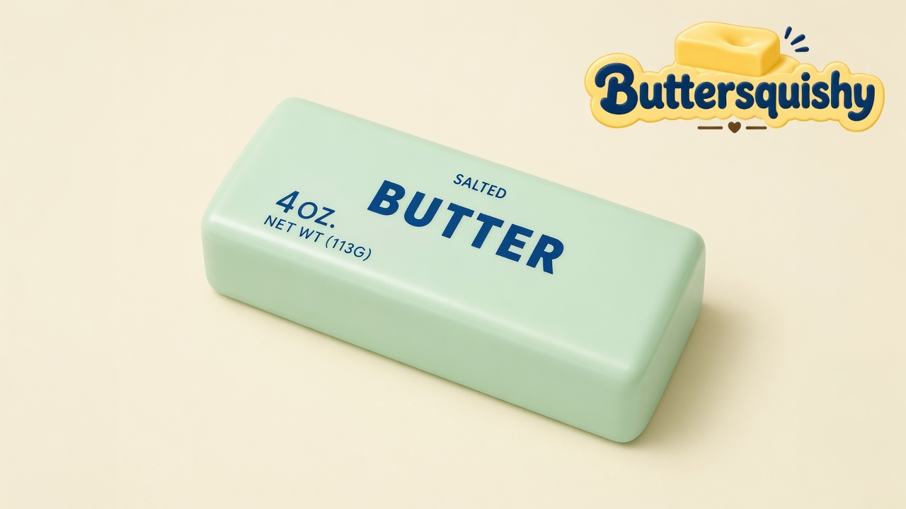 One pale mint-green Mint Lemon Crunch Butter stick printed SALTED BUTTER on a cream studio background, with the Buttersquishy logo in the upper right
