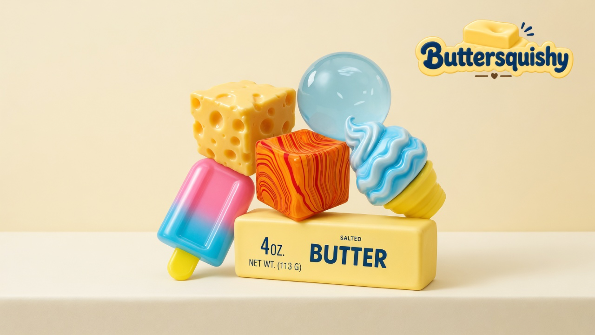 Mixed Butter Pack still-life — holey cheese cube, clear blue sphere, orange wood-grain cube, pink-cyan popsicle, blue swirl cone, and a 4oz SALTED BUTTER loaf — on a light-yellow cream studio, Buttersquishy logo in the upper right