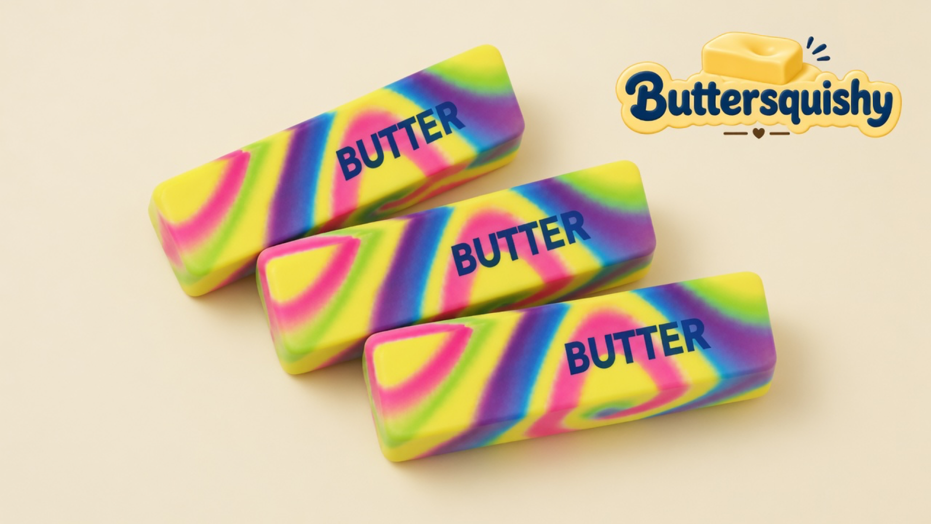 Three neon-swirl butter sticks with navy BUTTER type on a light-yellow cream studio, Buttersquishy logo in the upper right