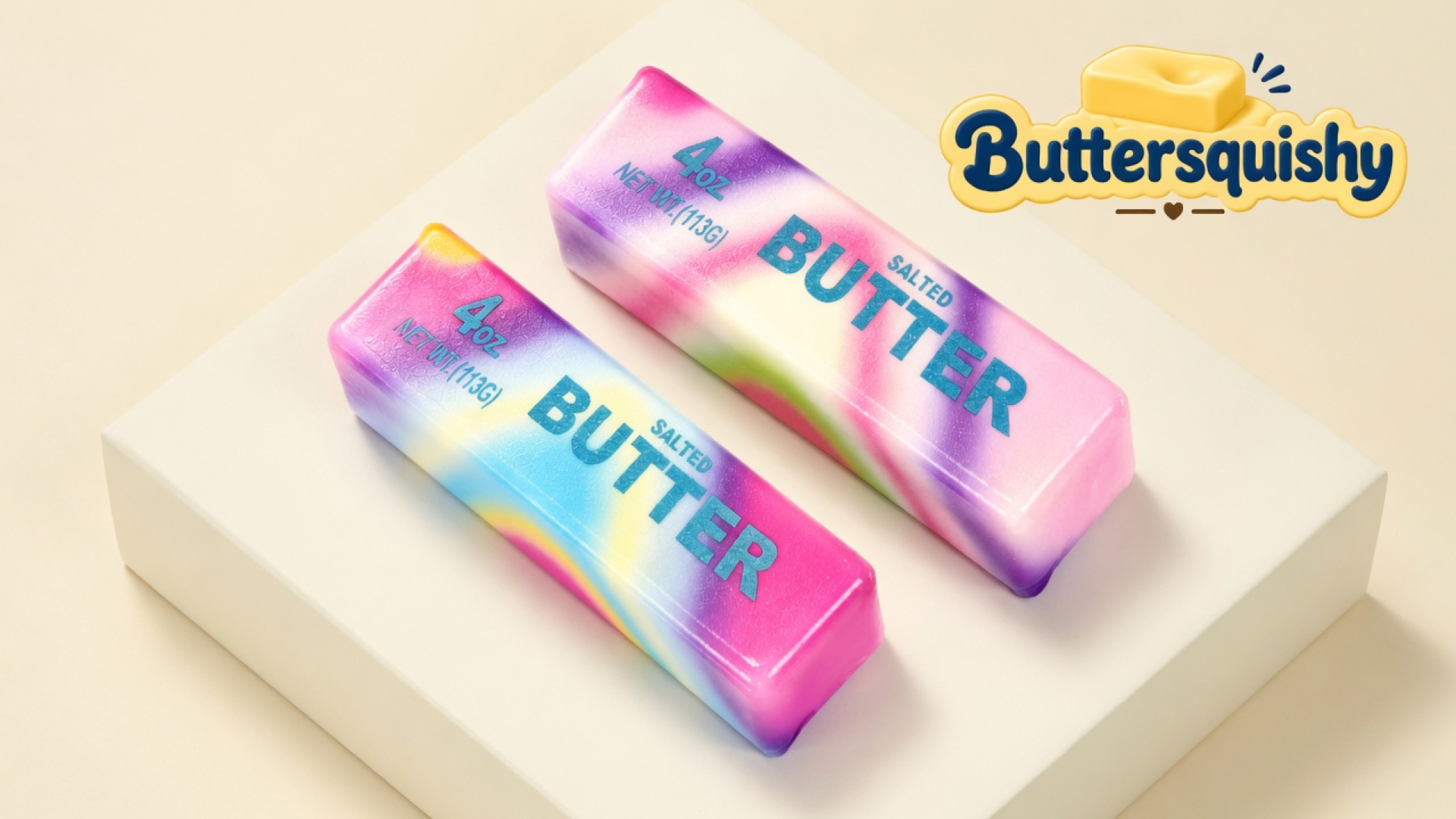 Two pink-purple-blue-yellow tie-dye butter sticks printed 4OZ NET WT.(113G) BUTTER SALTED on a light-yellow cream studio platform, Buttersquishy logo in the upper right