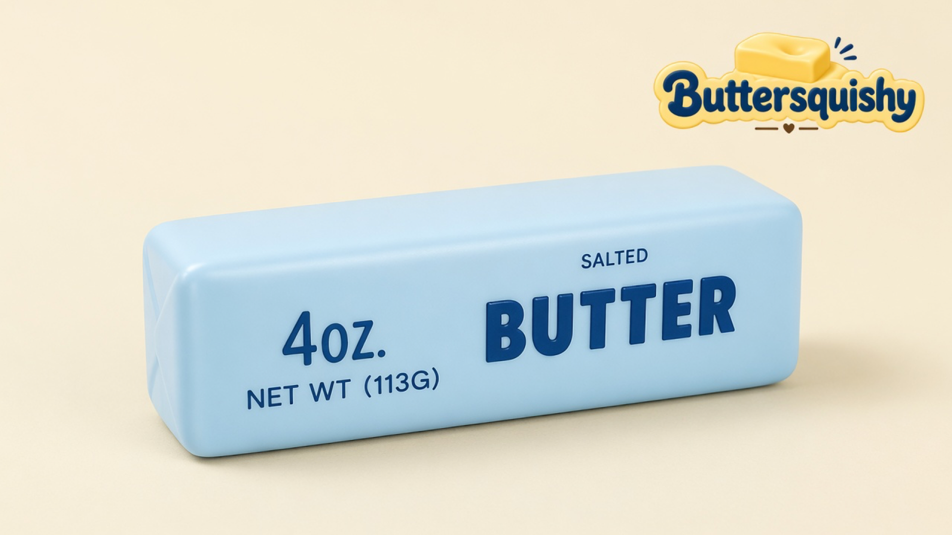 Powder-blue SALTED BUTTER loaf with navy 4oz type on a light-yellow cream studio, Buttersquishy logo in the upper right