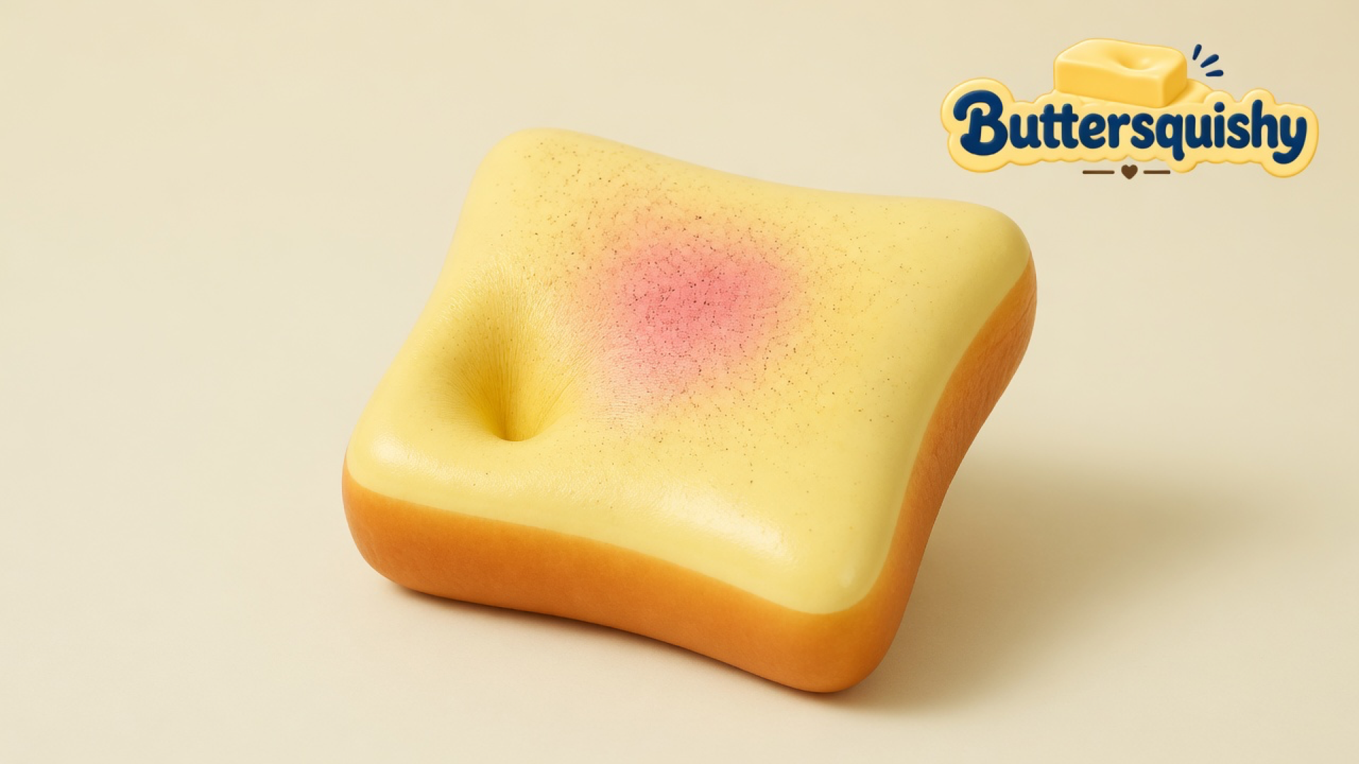 Square Bread Toast Loaf with a lemon crumb top, pink factory blush, circular dent, and toasted crust on a light-yellow cream studio, Buttersquishy logo in the upper right