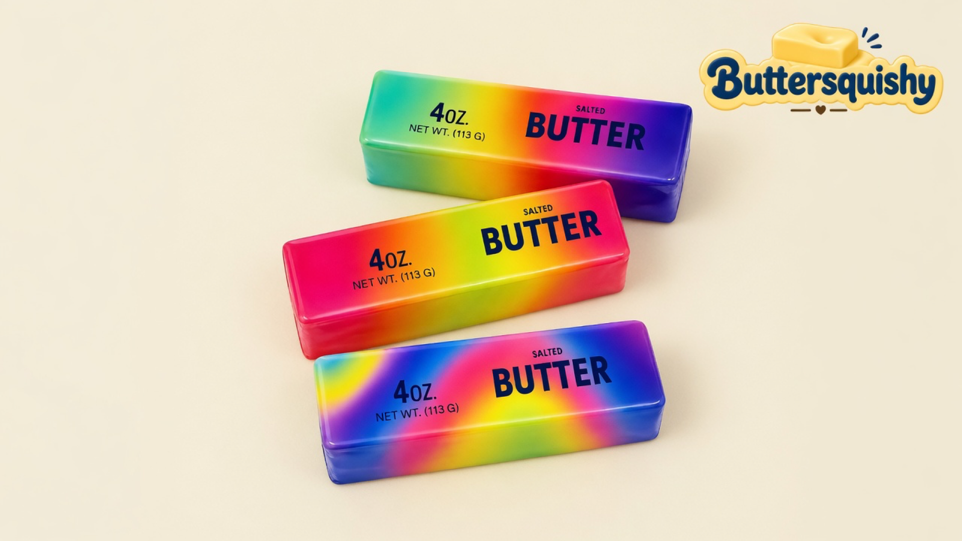 Three Candy Gradient Butter loaves — mint-to-violet, magenta with a lime bloom, and an indigo swirl — printed with navy SALTED BUTTER type on a light-yellow cream studio, Buttersquishy logo in the upper right