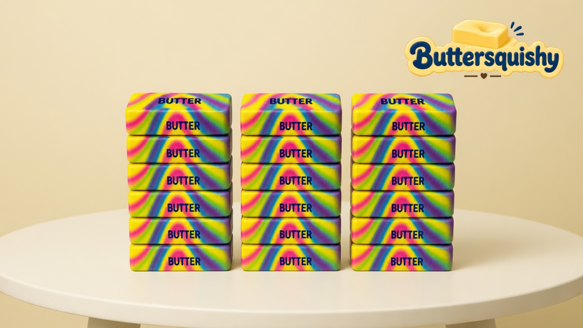 Three towers of six matching Neon Swirl Butter sticks with yellow-pink-purple-cyan marble wrappers and navy BUTTER type on a light-yellow cream studio, Buttersquishy logo in the upper right