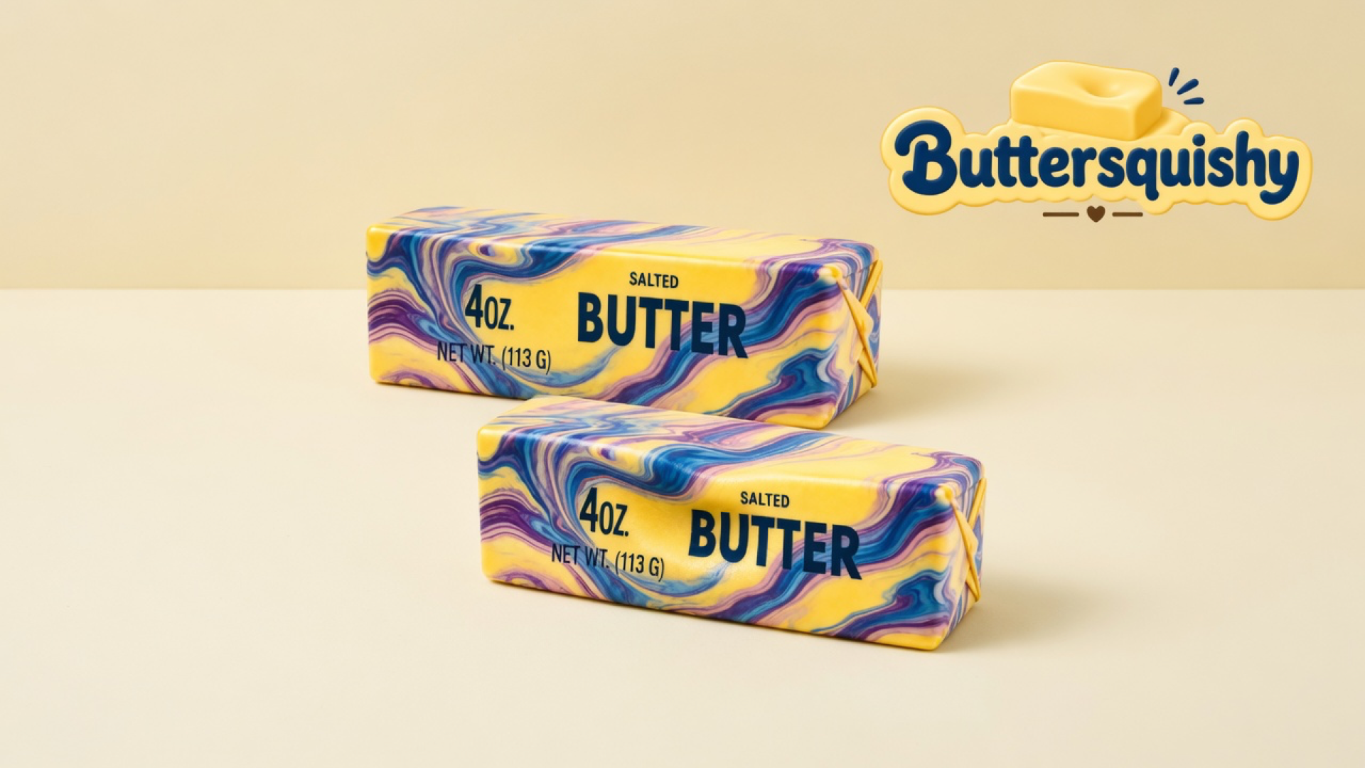 Two Oil-Paint Swirl Butter loaves with yellow SALTED BUTTER faces and blue-purple marble sides on a light-yellow cream studio, Buttersquishy logo in the upper right