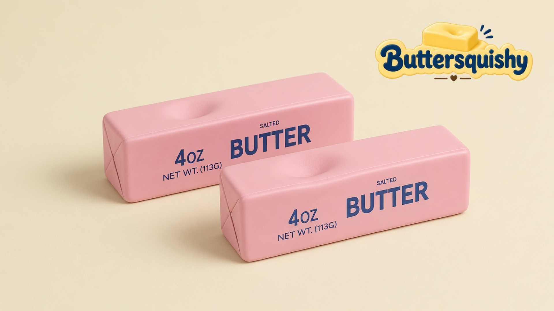 Two pale-pink SALTED BUTTER sticks with navy 4OZ type on a light-yellow cream studio, Buttersquishy logo in the upper right