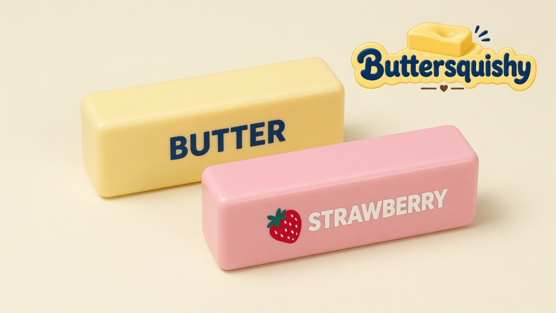 Pale yellow BUTTER loaf and pink STRAWBERRY loaf on a light-yellow cream studio, Buttersquishy logo in the upper right