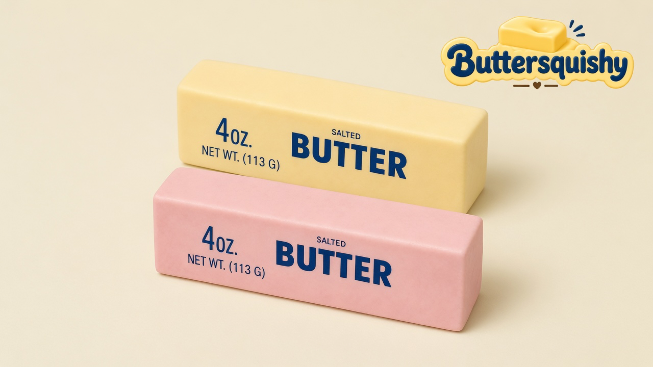 Two rectangular bread-style butter sticks, pale yellow and pink, both printed SALTED BUTTER, on a light-yellow cream studio with the Buttersquishy logo at upper right