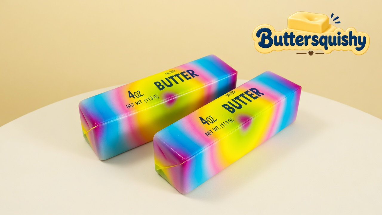 Two candy-gradient SALTED BUTTER sticks on a light-yellow cream studio, Buttersquishy logo in the upper right
