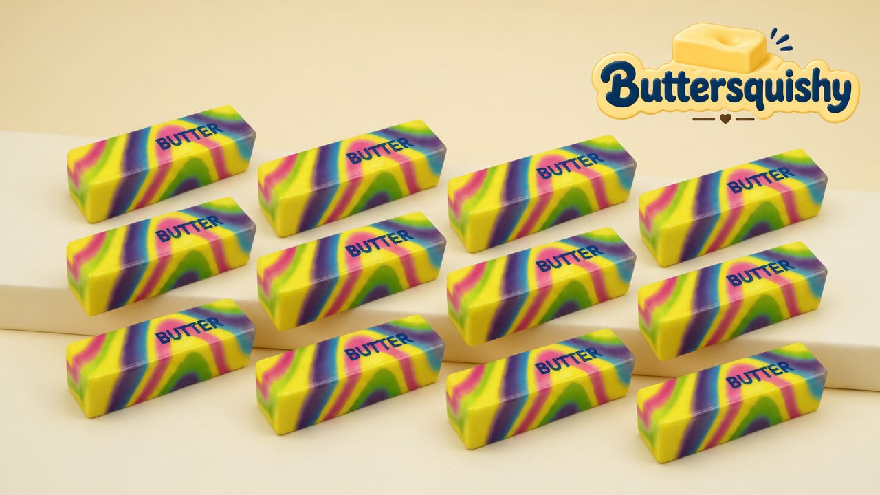 Twelve neon-yellow, purple, magenta, and lime swirl butter sticks printed BUTTER on a soft light-yellow cream studio, Buttersquishy logo in the upper right