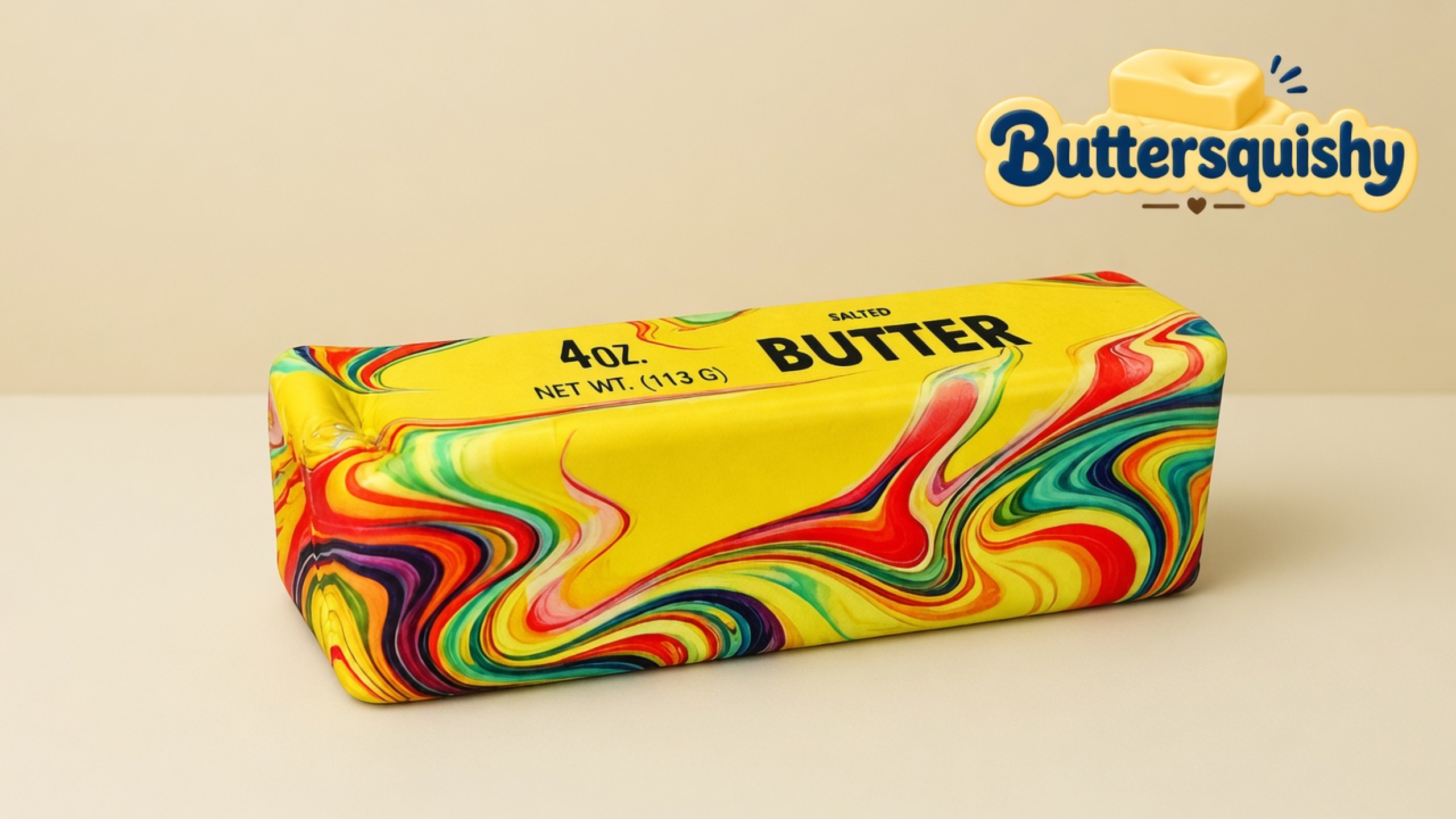 One Oil-Paint Swirl Butter loaf with a yellow SALTED BUTTER face and oil-paint marble sides on a light-yellow cream studio, Buttersquishy logo in the upper right