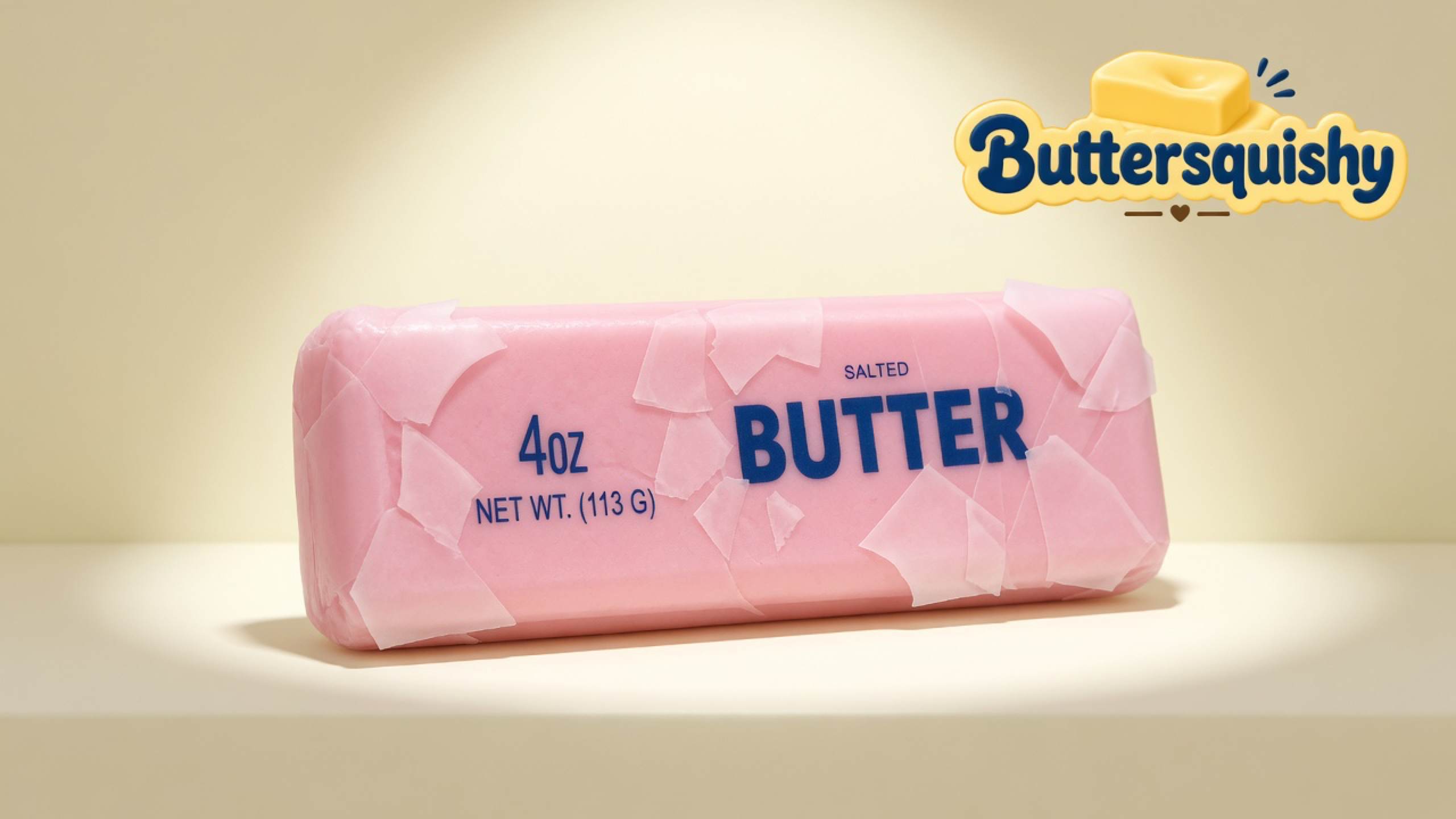 Candy-pink SALTED BUTTER stick with crinkled wrapper shards on a light-yellow cream studio, Buttersquishy logo at upper right