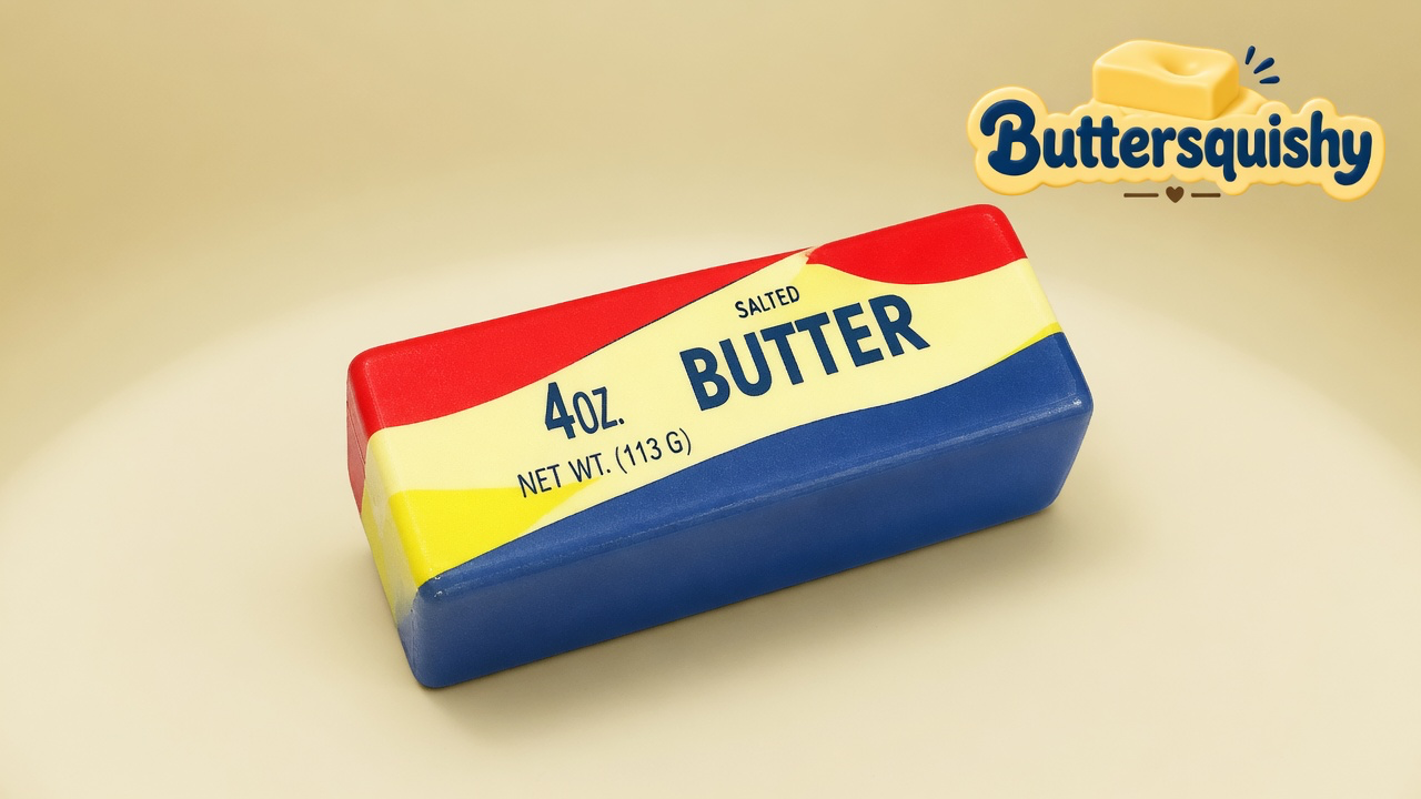 One Rainbow Stripe Butter loaf with red, yellow, and blue bands printed SALTED BUTTER, on a light-yellow cream studio, Buttersquishy logo at upper right