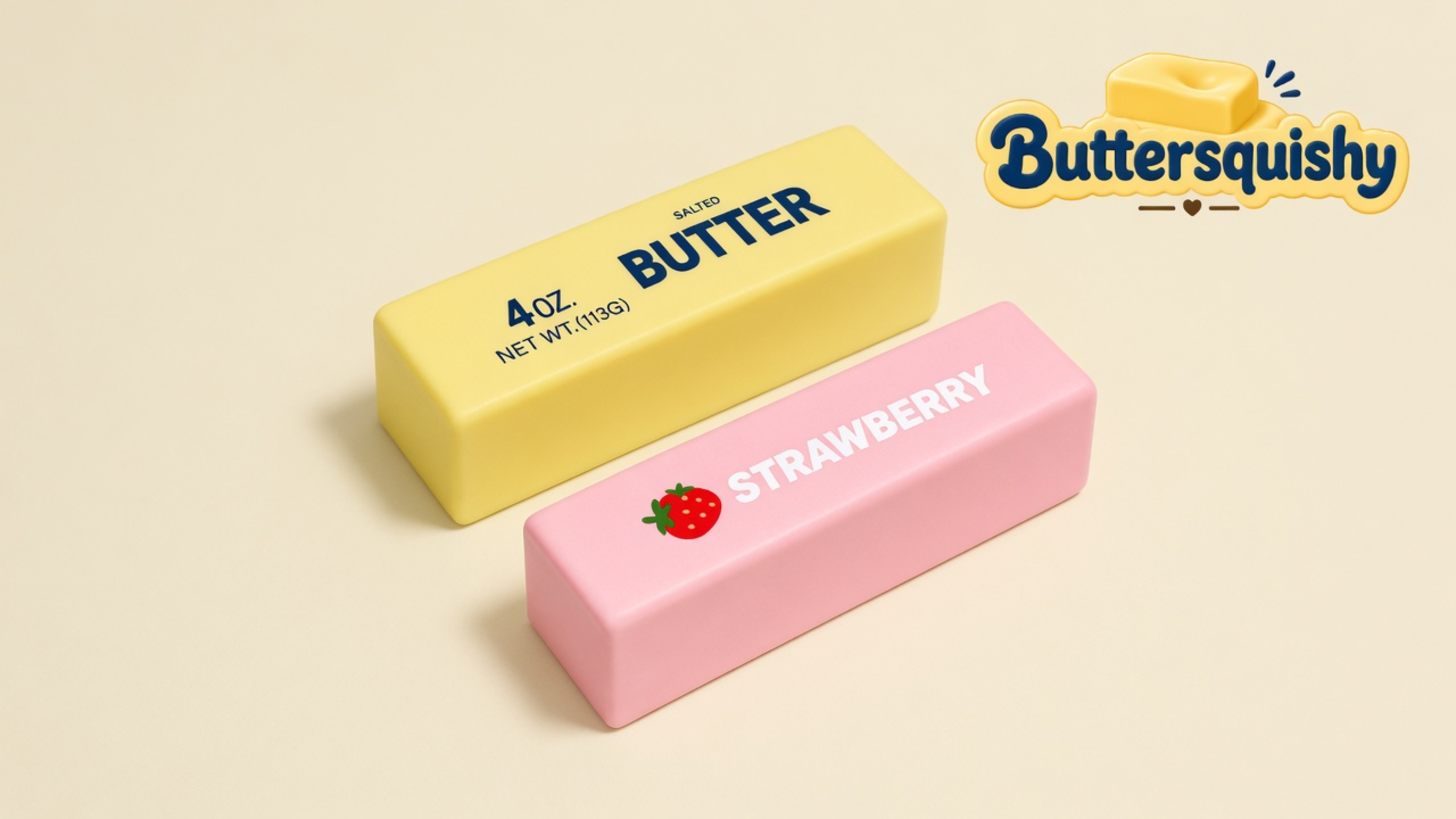 Pale yellow SALTED BUTTER stick and pink STRAWBERRY stick on a light-yellow cream studio, Buttersquishy logo in the upper right