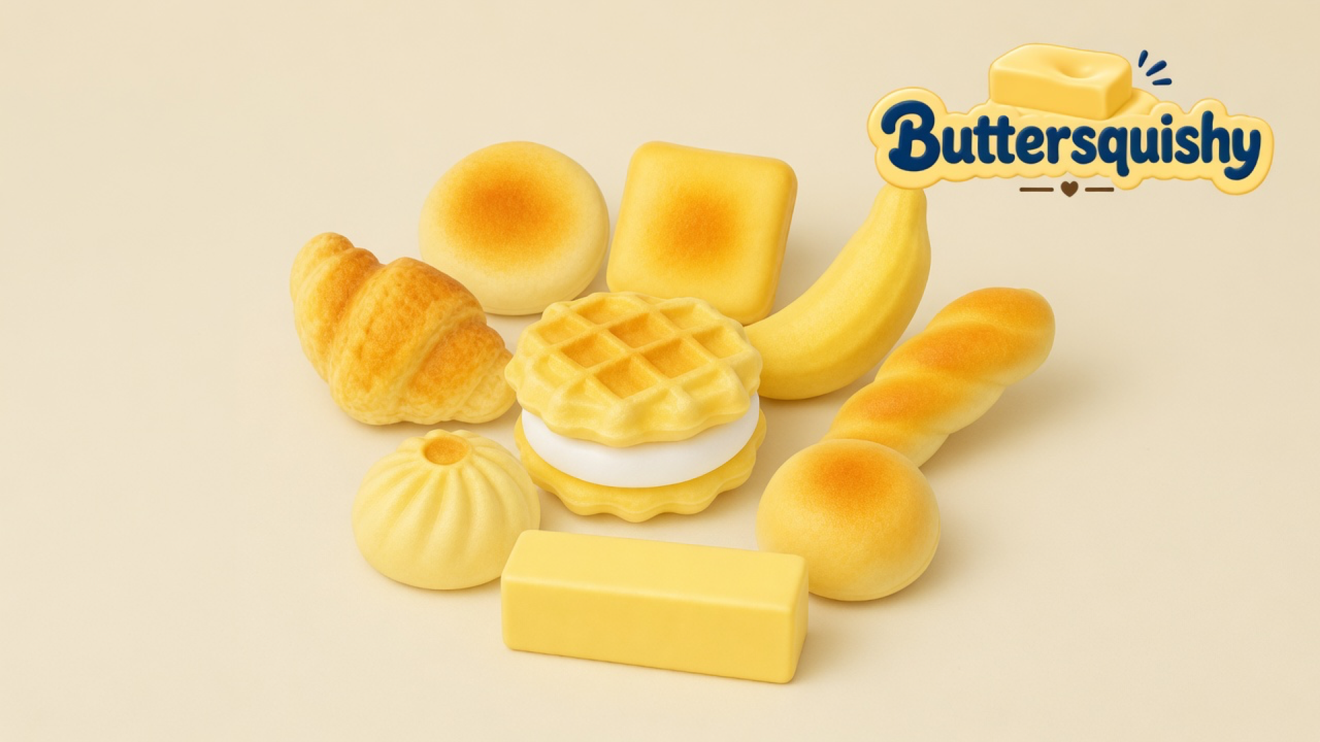 Nine bakery-shaped squeeze toys — croissant, two toasted buns, square toast, banana, twisted baguette, waffle sandwich, steamed bun, and a plain yellow stick — on a light-yellow cream studio, Buttersquishy logo in the upper right