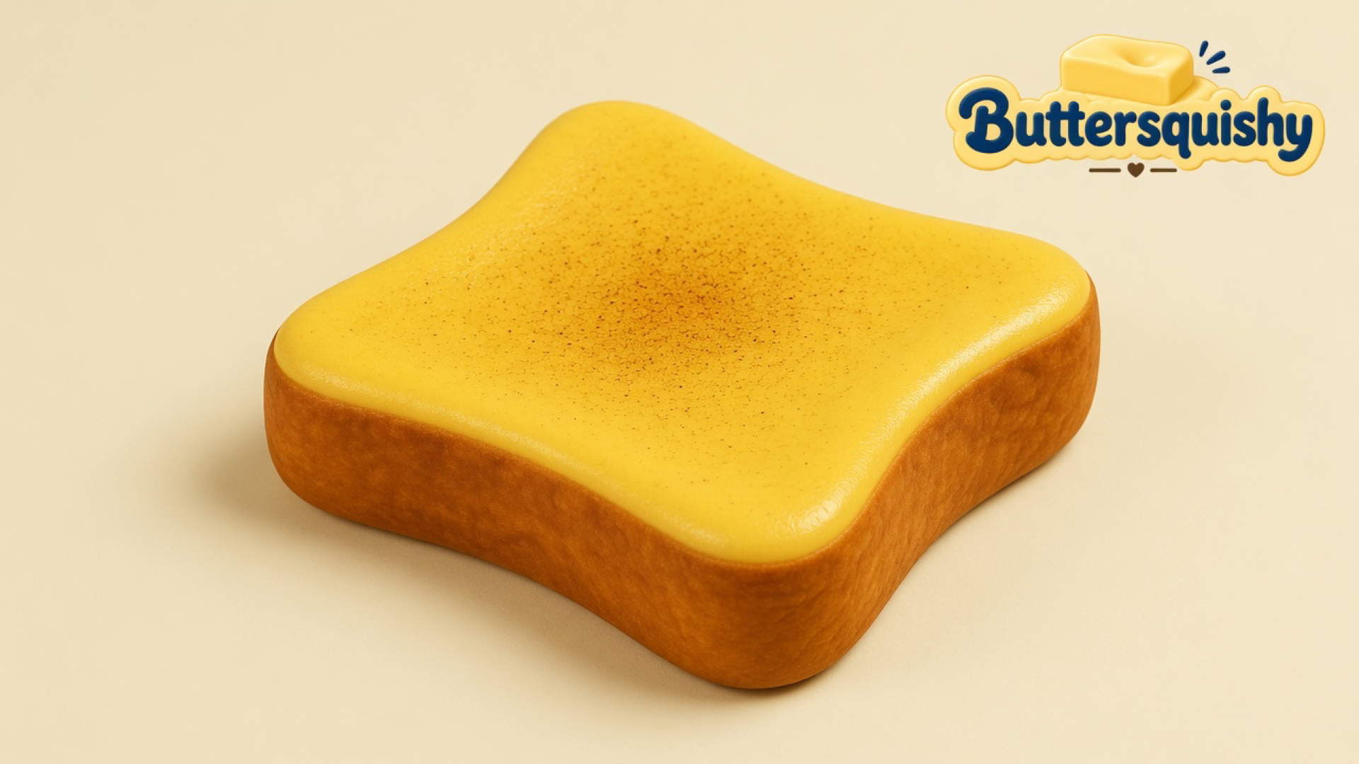 One square Bread Toast Loaf with a yellow crumb face, brown toasted crust, and a central speckle bloom on a light-yellow cream studio, Buttersquishy logo in the upper right