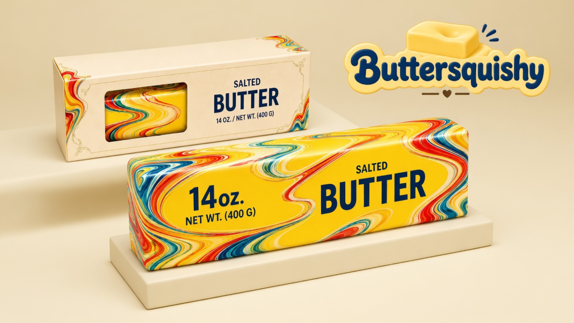 A long yellow Jumbo Swirl Loaf 14oz with rainbow swirl ends, navy SALTED BUTTER and 14 OZ. print, plus its cream window box, on a light-yellow cream studio, Buttersquishy logo in the upper right