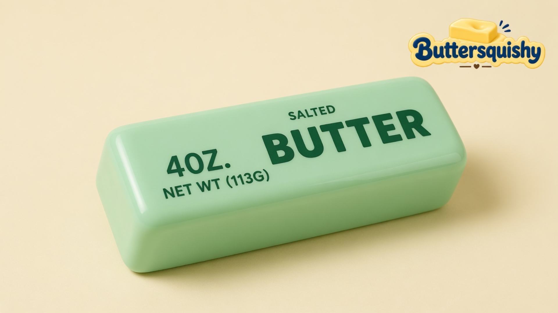 A single mint-green Mint Butter Stick with dark green SALTED BUTTER print on a light-yellow cream studio, Buttersquishy logo in the upper right
