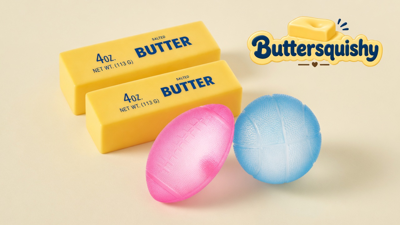Two yellow SALTED BUTTER sticks stacked behind a pink football and a pale-blue basketball on a light-yellow cream studio, Buttersquishy logo in the upper right
