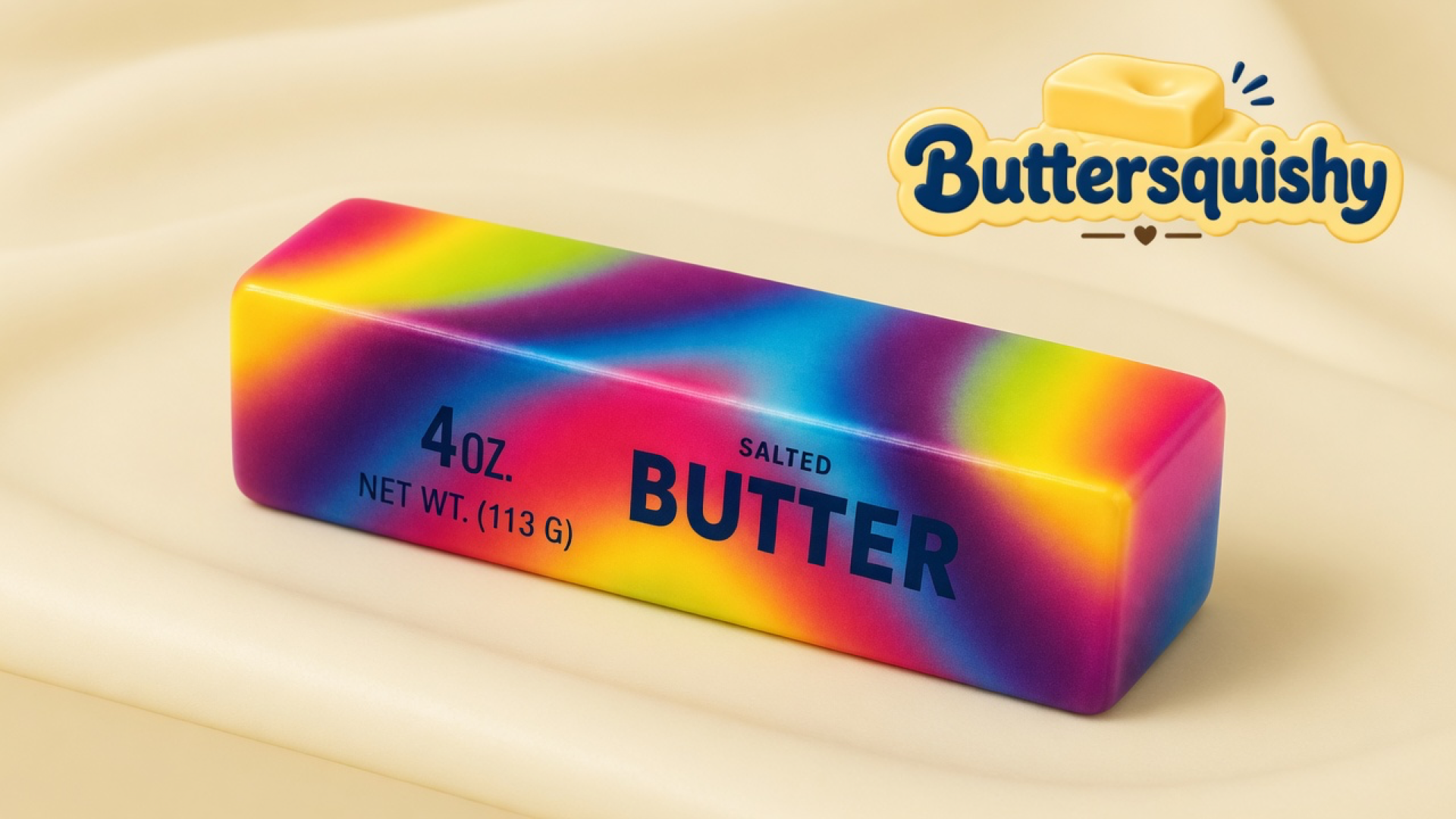 A single rainbow neon-marble butter stick printed 4OZ NET WT (113 G) SALTED BUTTER on a light-yellow cream studio, Buttersquishy logo in the upper right