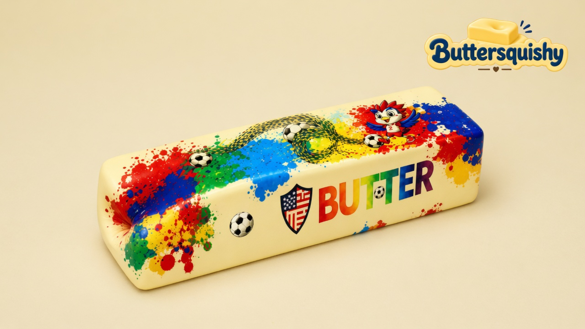 A cream Splash Marble Butter loaf with rainbow BUTTER type, soccer marks, a rope, and a bird on a light-yellow cream studio, Buttersquishy logo in the upper right