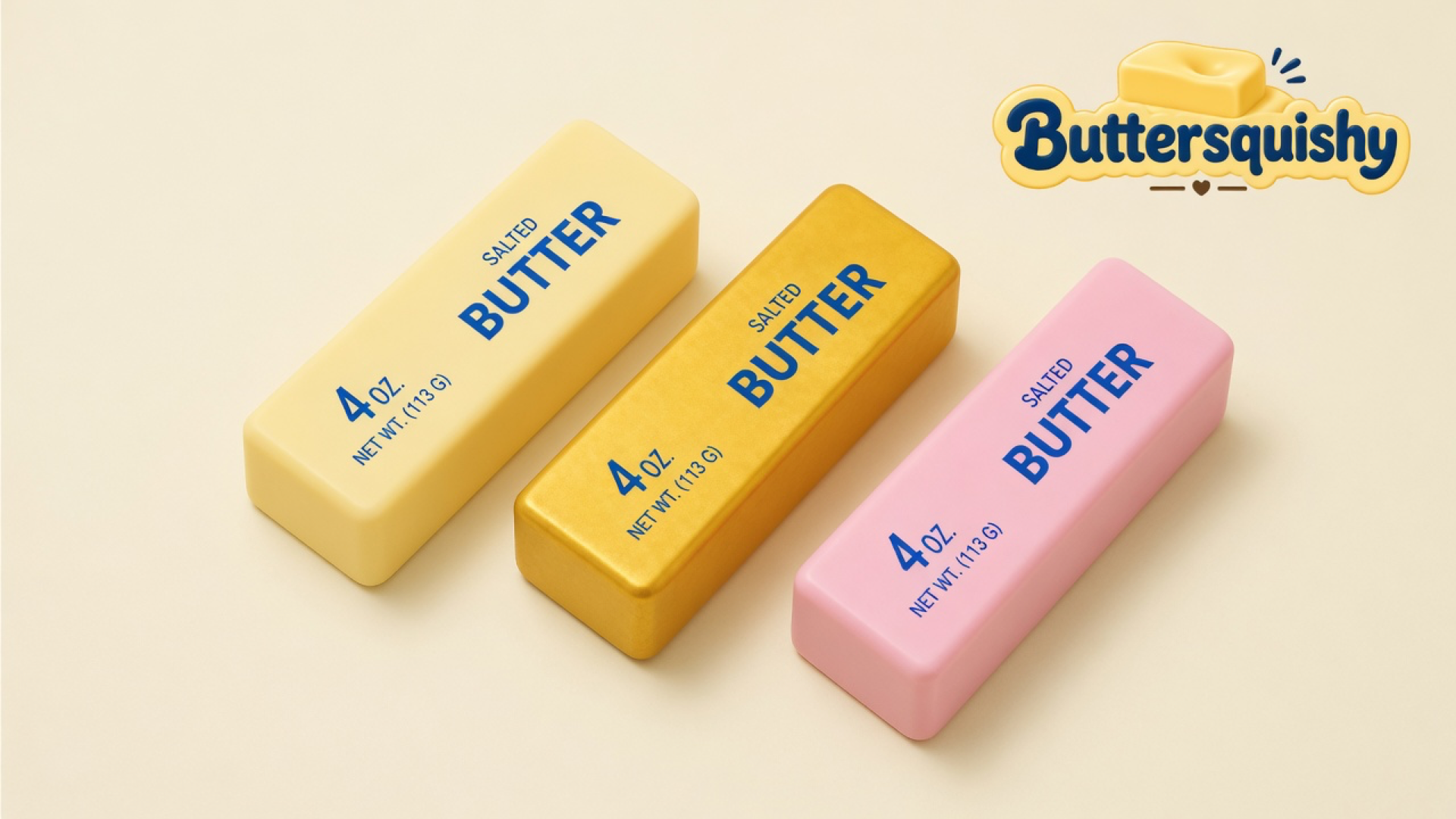 Three cream, gold, and pink Sunset Trio Butter sticks with navy SALTED BUTTER print on a light-yellow cream studio, Buttersquishy logo in the upper right