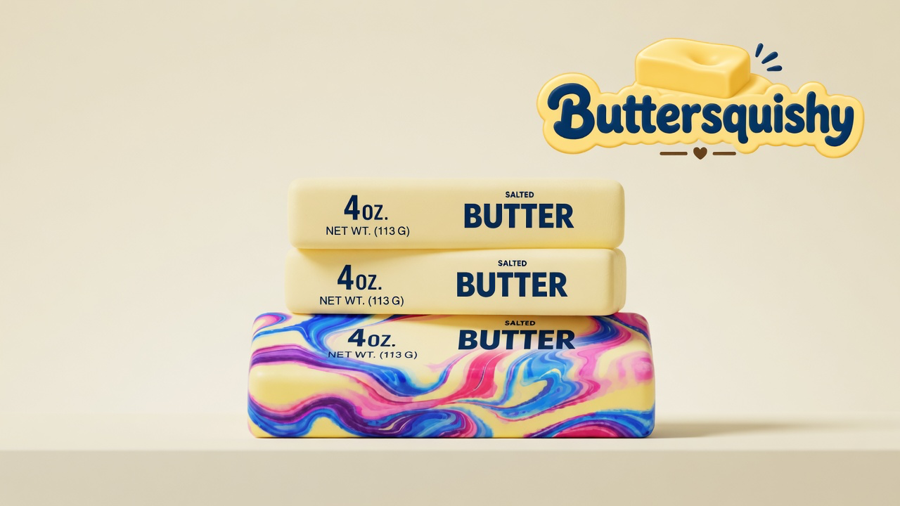 Two pale yellow SALTED BUTTER sticks stacked on one pink-blue-purple marble swirl loaf on a light-yellow cream studio, Buttersquishy logo in the upper right