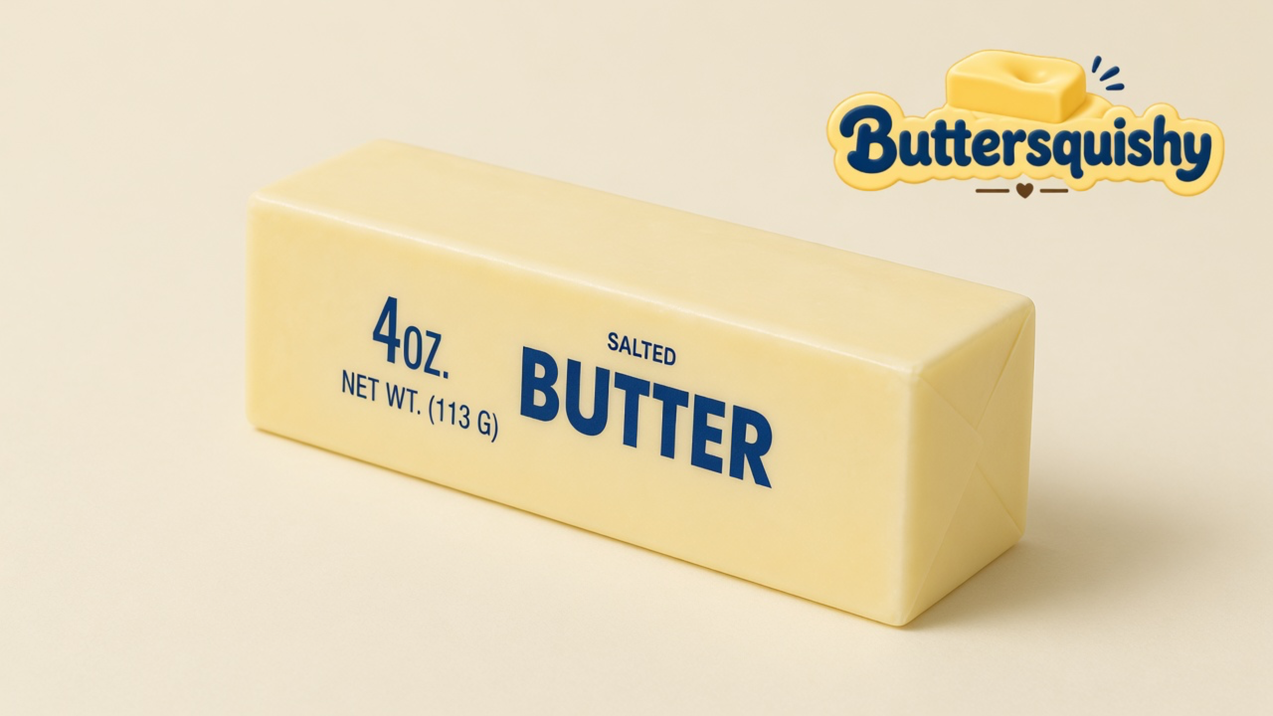 Pale cream Classic Gift Butter stick with navy SALTED BUTTER type on a light-yellow cream studio, Buttersquishy logo in the upper right