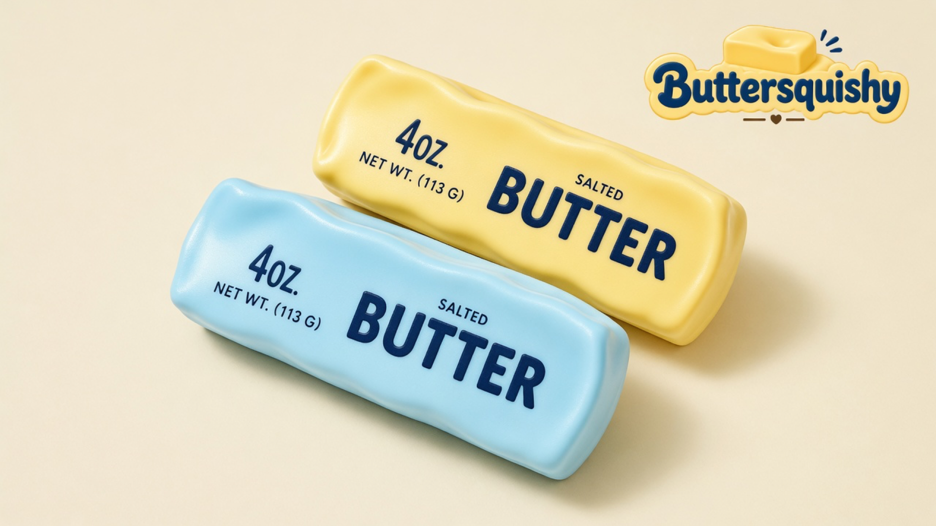 A lemon-yellow SALTED BUTTER loaf and a sky-blue SALTED BUTTER loaf on a light-yellow cream studio, Buttersquishy logo in the upper right