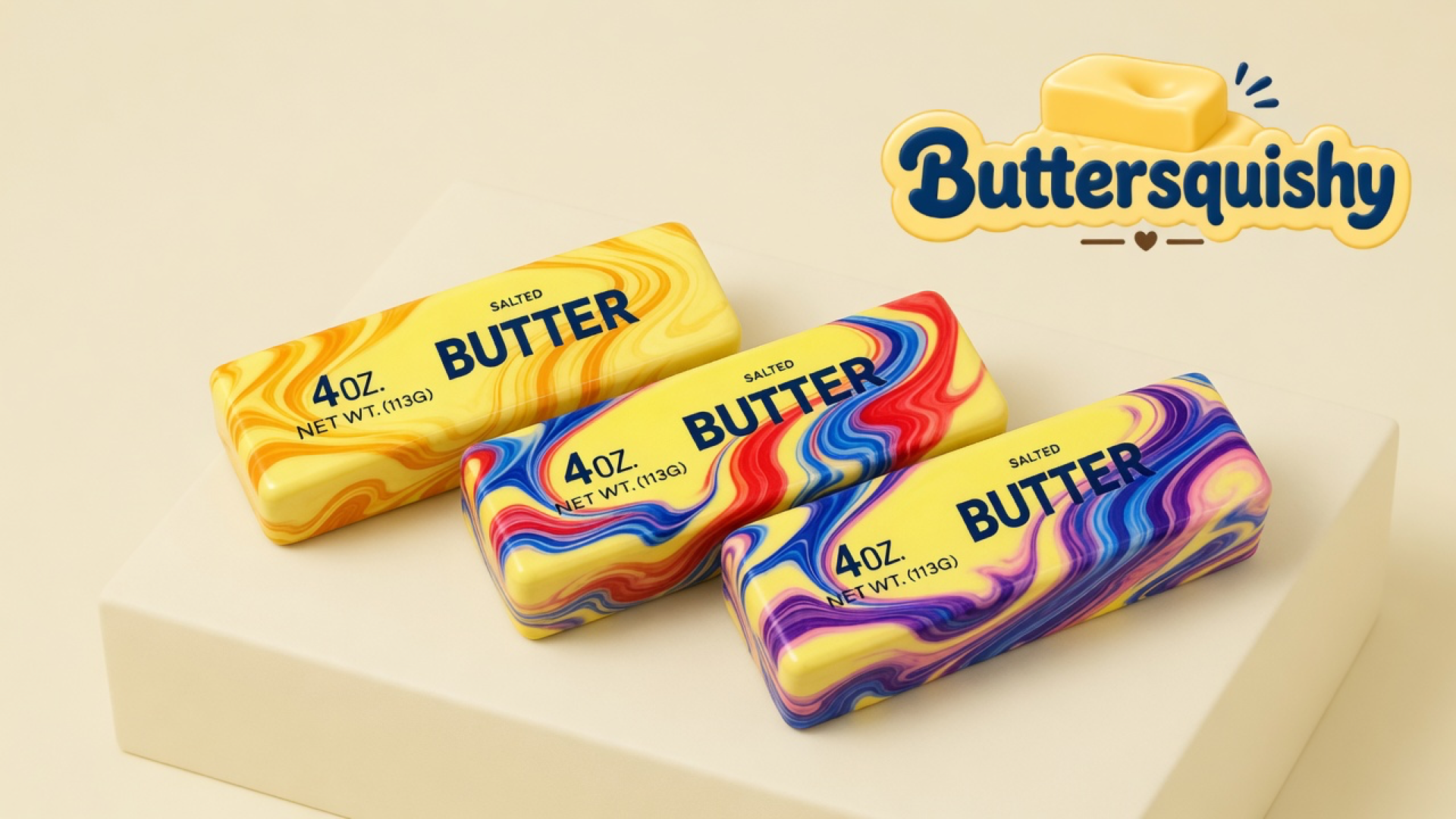 Three Oil-Paint Swirl Butter sticks — orange-gold, red-blue, and purple-magenta swirls with navy SALTED BUTTER type — on a light-yellow cream studio, Buttersquishy logo in the upper right