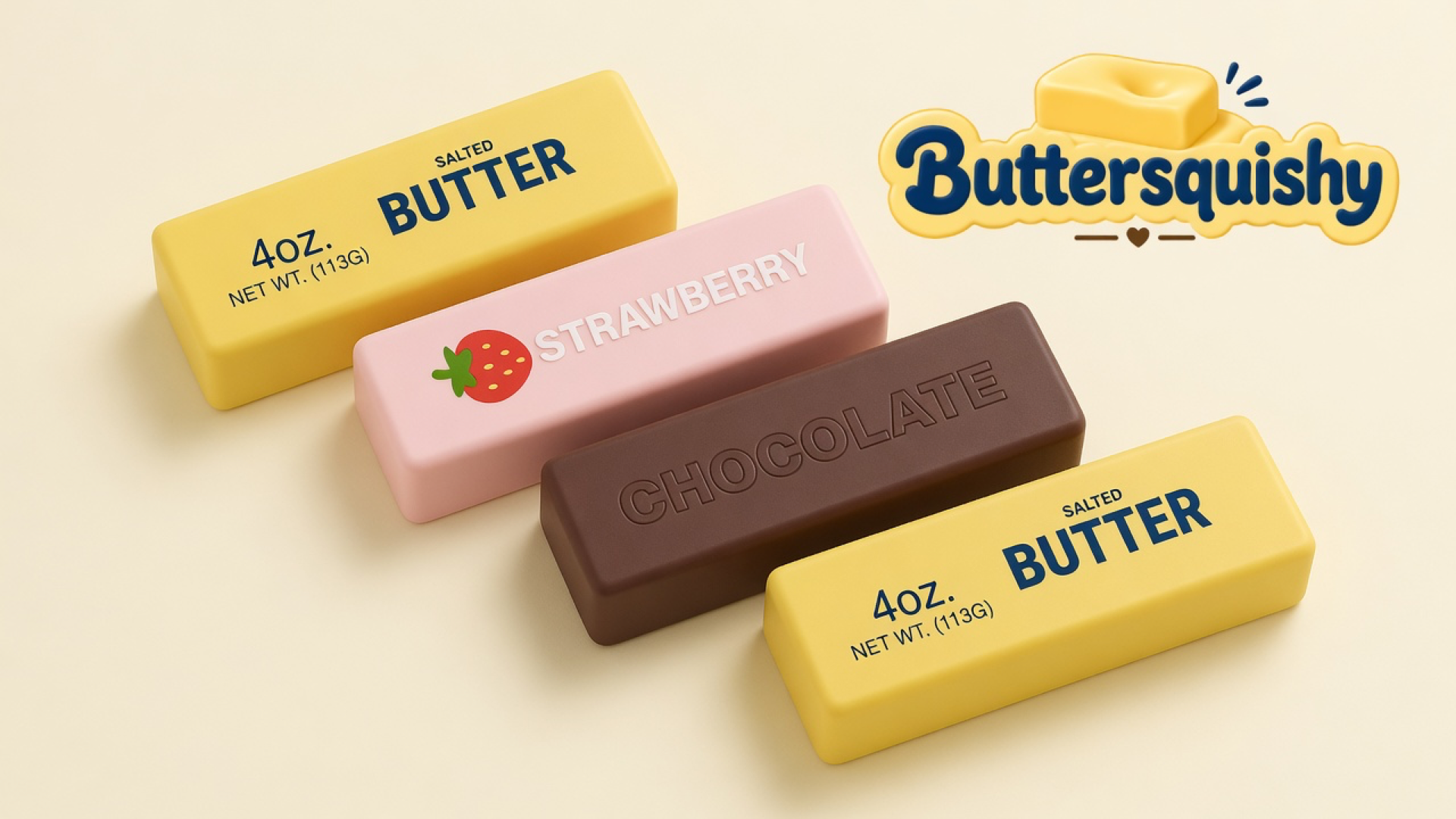 Four Strawberry Chocolate Butter sticks — two yellow salted-butter prints, one pink strawberry loaf, and one brown chocolate loaf — on a light-yellow cream studio, Buttersquishy logo in the upper right