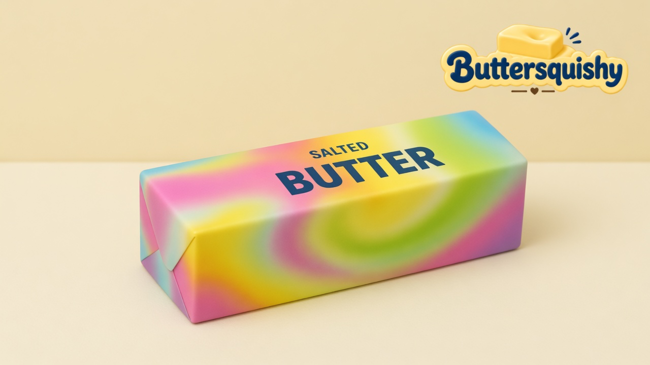 Rainbow Swirl Mix Butter stick with navy SALTED BUTTER type on a light-yellow cream studio, Buttersquishy logo in the upper right