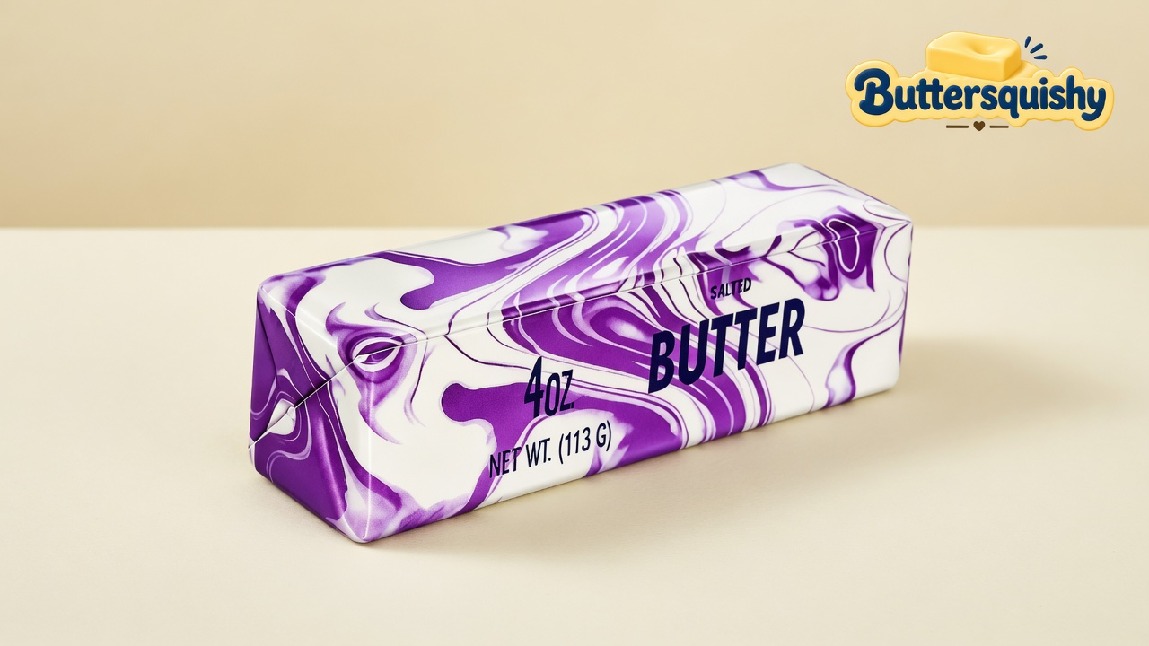 Cream-and-violet marble butter stick with navy SALTED BUTTER type on a light-yellow cream studio, Buttersquishy logo in the upper right