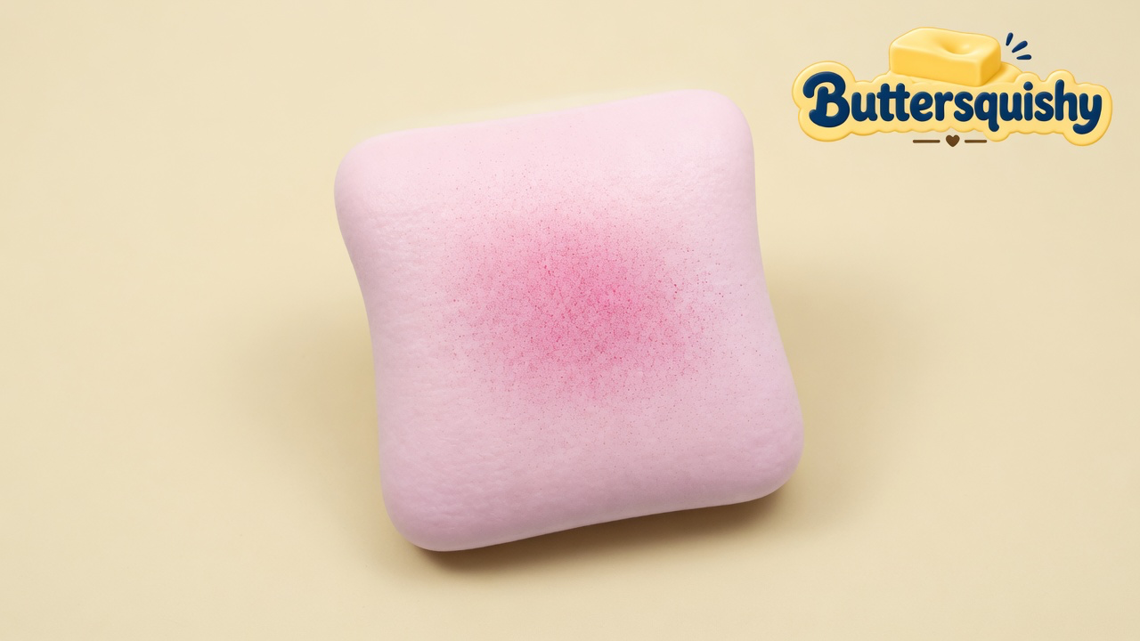 A single pale-pink square Bread Toast Loaf with a circular raspberry blush on a light-yellow cream studio, Buttersquishy logo once at the upper right