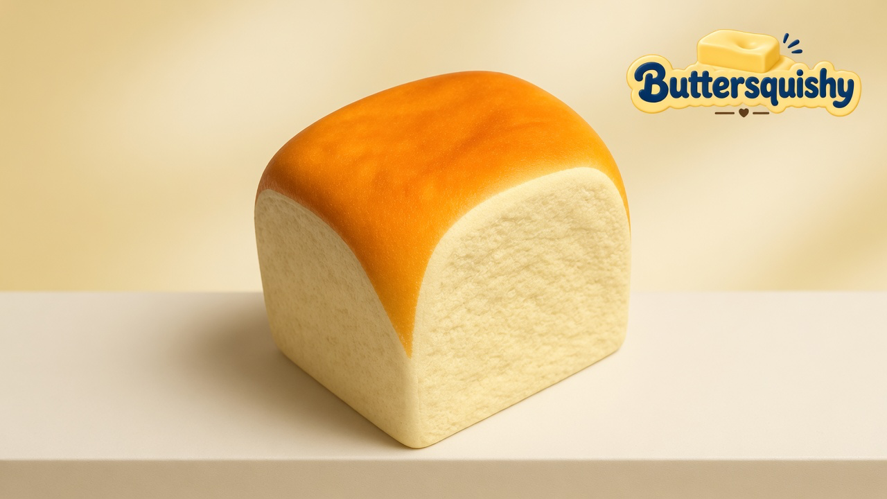 Square Bread Toast Loaf with a golden toasted cap and cream crumb walls on a light-yellow cream studio table, Buttersquishy logo in the upper right
