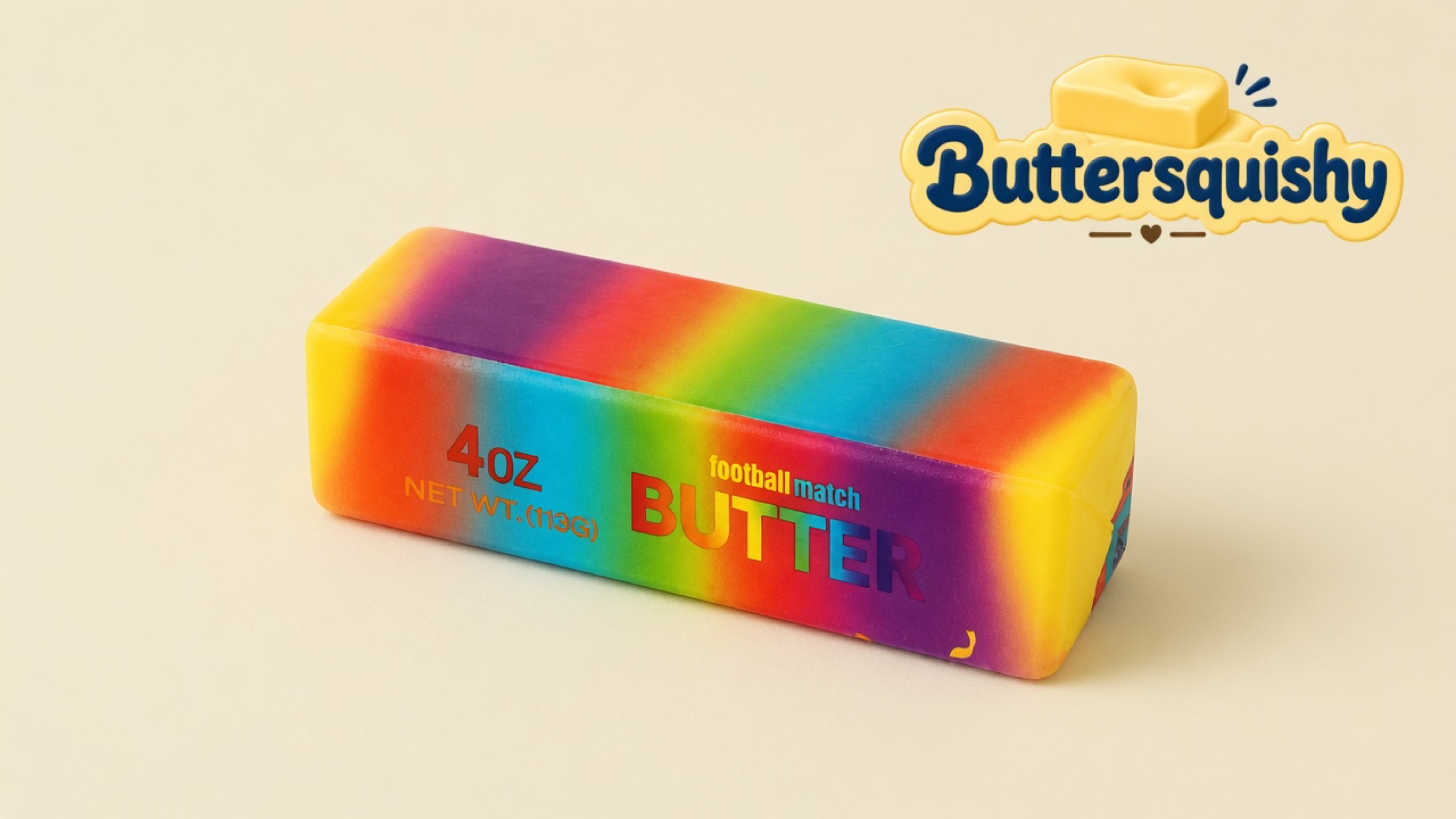 Rainbow Candy Gradient Butter stick with 4OZ football-match BUTTER print on a light-yellow cream studio, Buttersquishy logo at the upper right