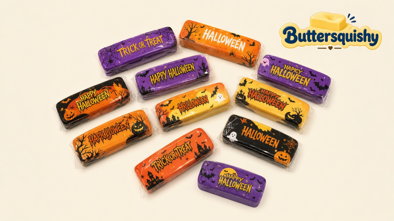 Twelve individually wrapped Halloween Ghost Butter sticks with ghosts, pumpkins, and Halloween print on a cream studio, Buttersquishy logo at upper right