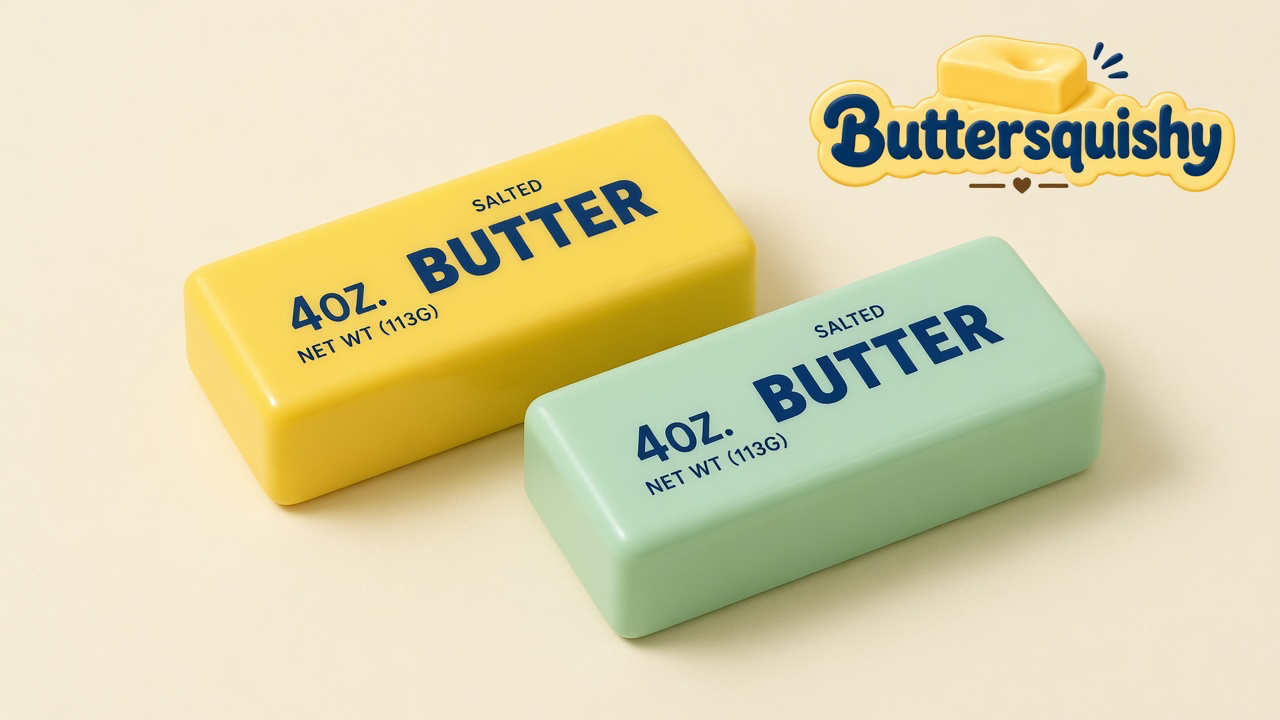 One mint-green and one yellow Mint Lemon Crunch Butter stick printed 4OZ SALTED BUTTER on a cream studio, Buttersquishy logo at upper right