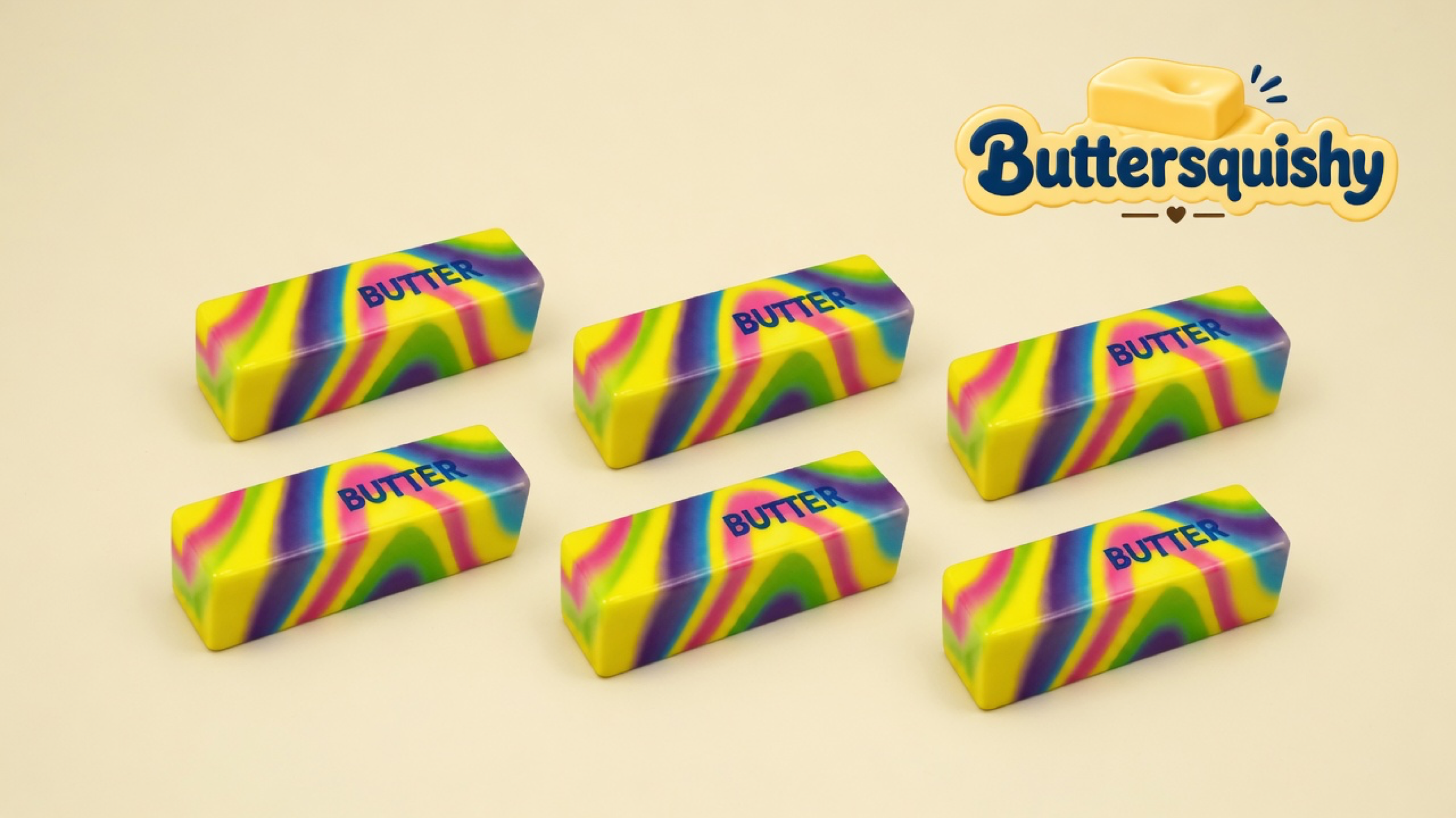 Six neon-swirl rectangular butter sticks with navy BUTTER print on a light-yellow cream studio, Buttersquishy logo at the upper right